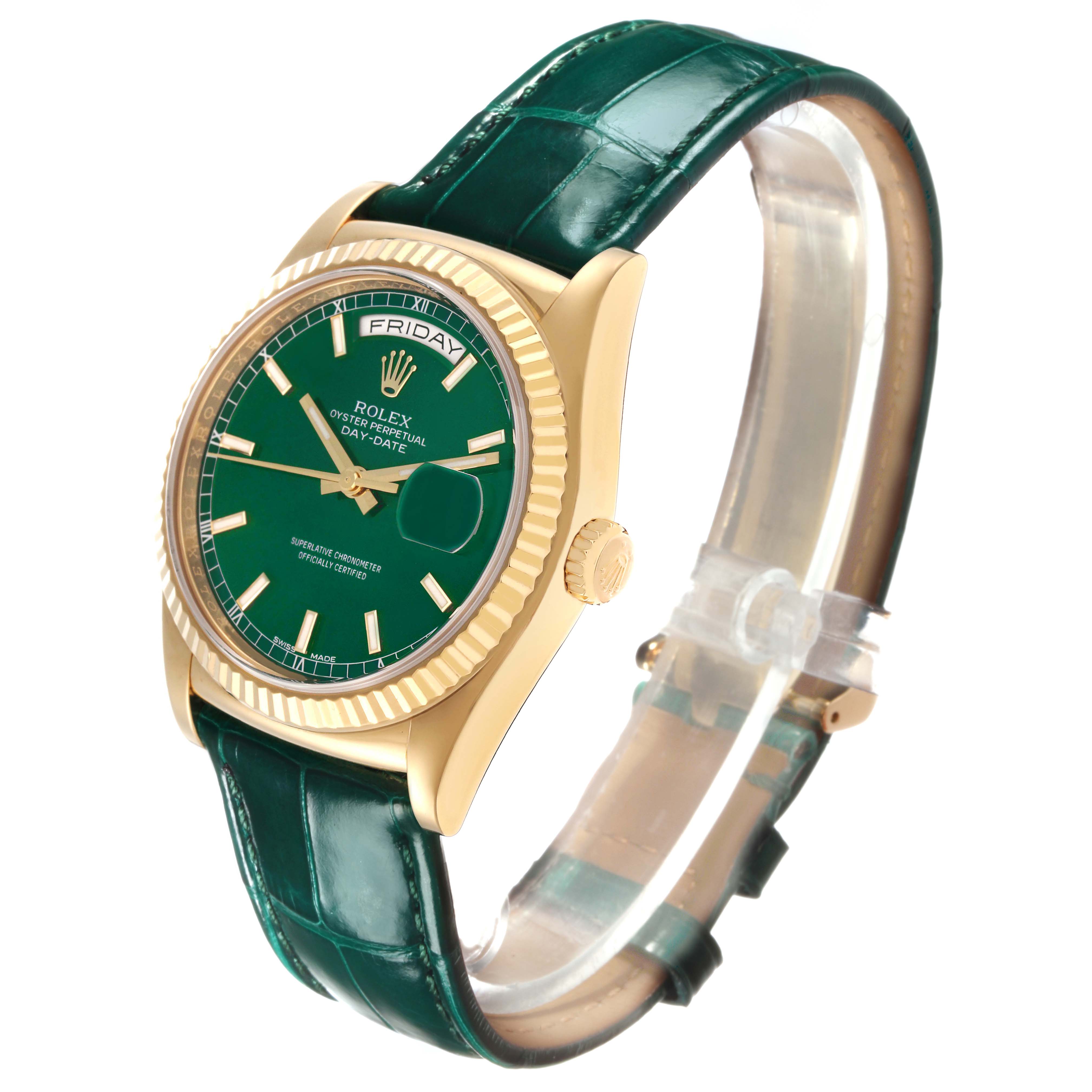 The Rolex President 118138 Men's Yellow Gold Green Dial model watch is shown at a three-quarter angle, highlighting the face, case, bezel, crown, and strap.