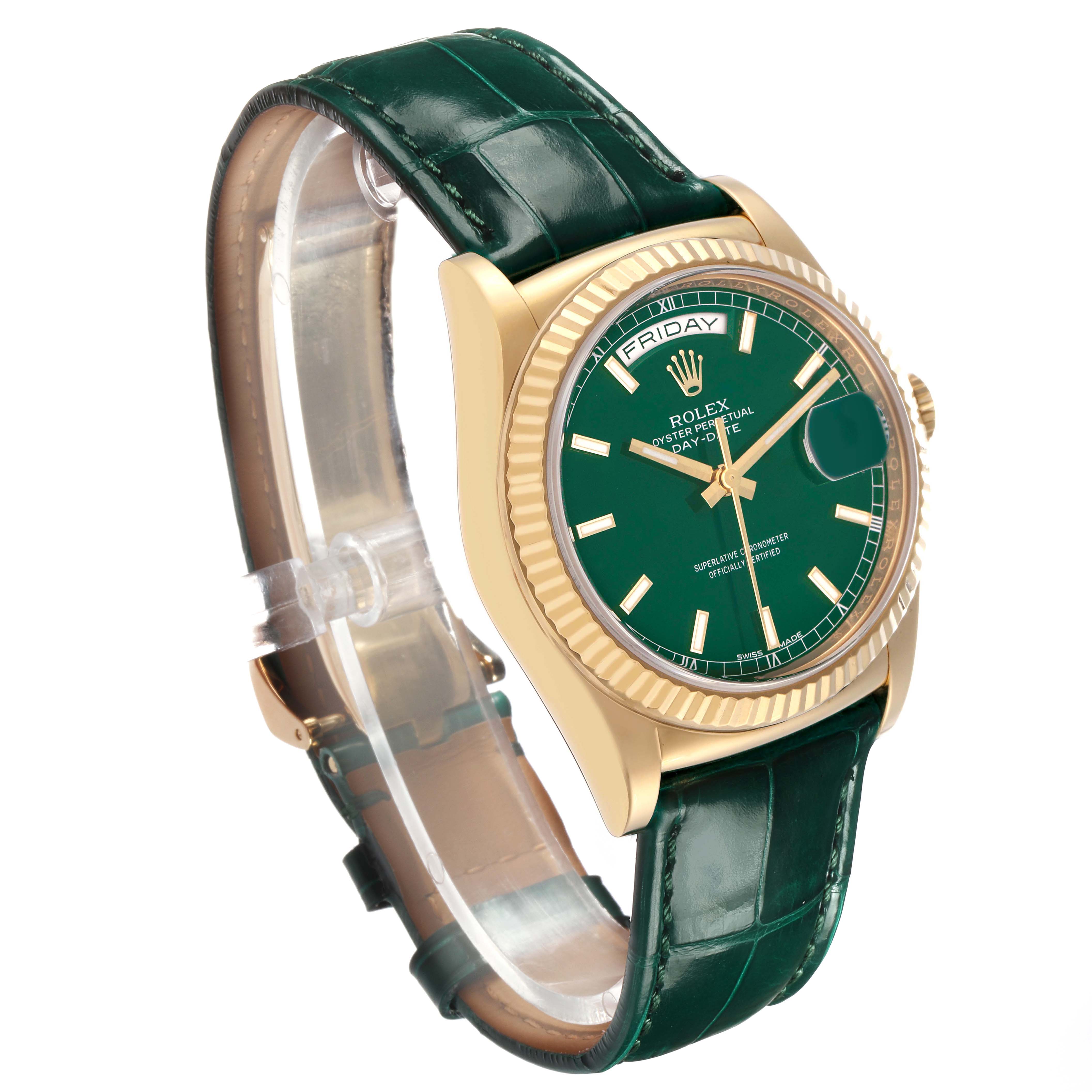 The Rolex President 118138 Men's Yellow Gold Green Dial model is shown at a three-quarter angle, highlighting its green dial, gold case, and leather strap.