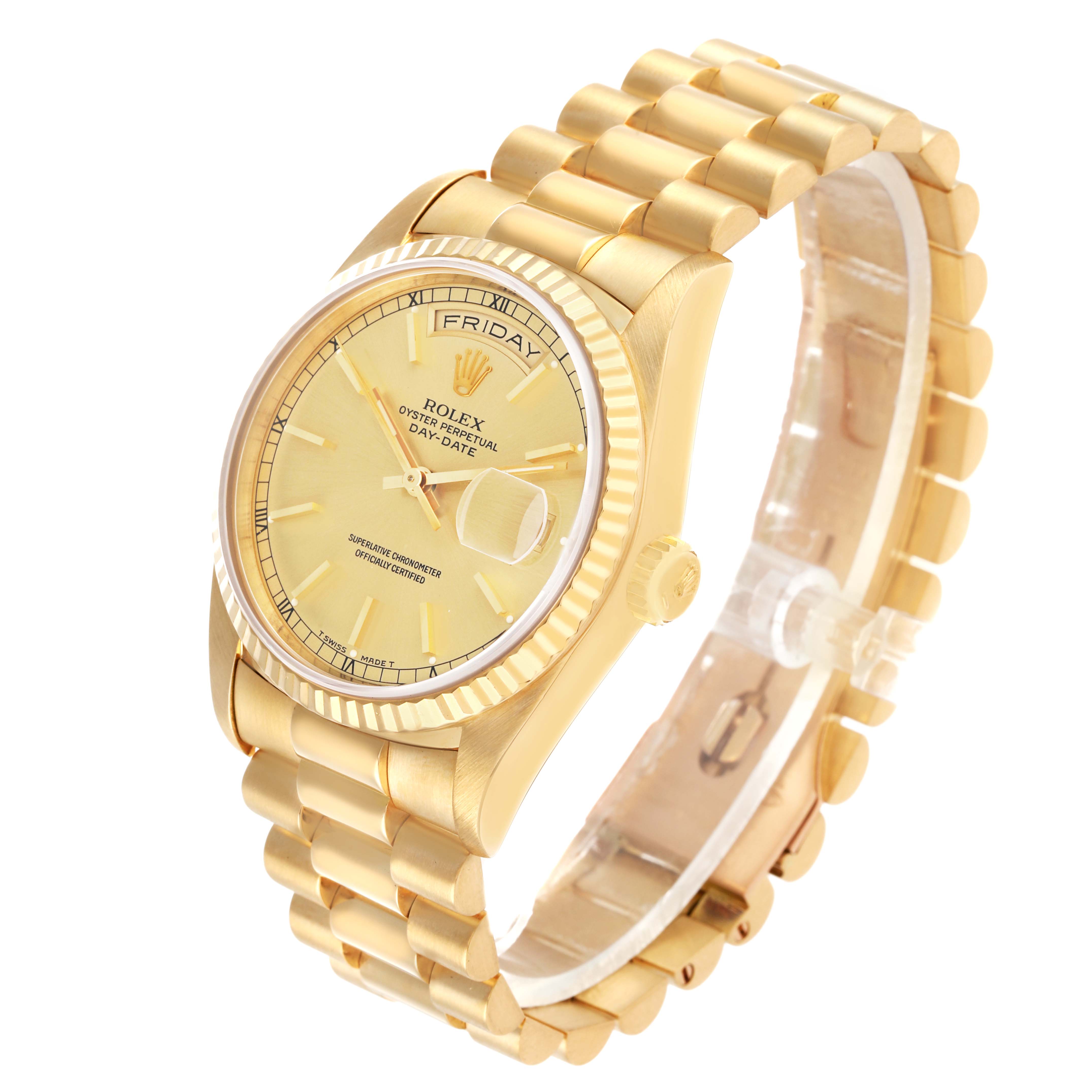 The Rolex President 18238 Men's Yellow Gold Champagne Dial watch is shown at a three-quarter angle, displaying the face, bracelet, and fluted bezel.