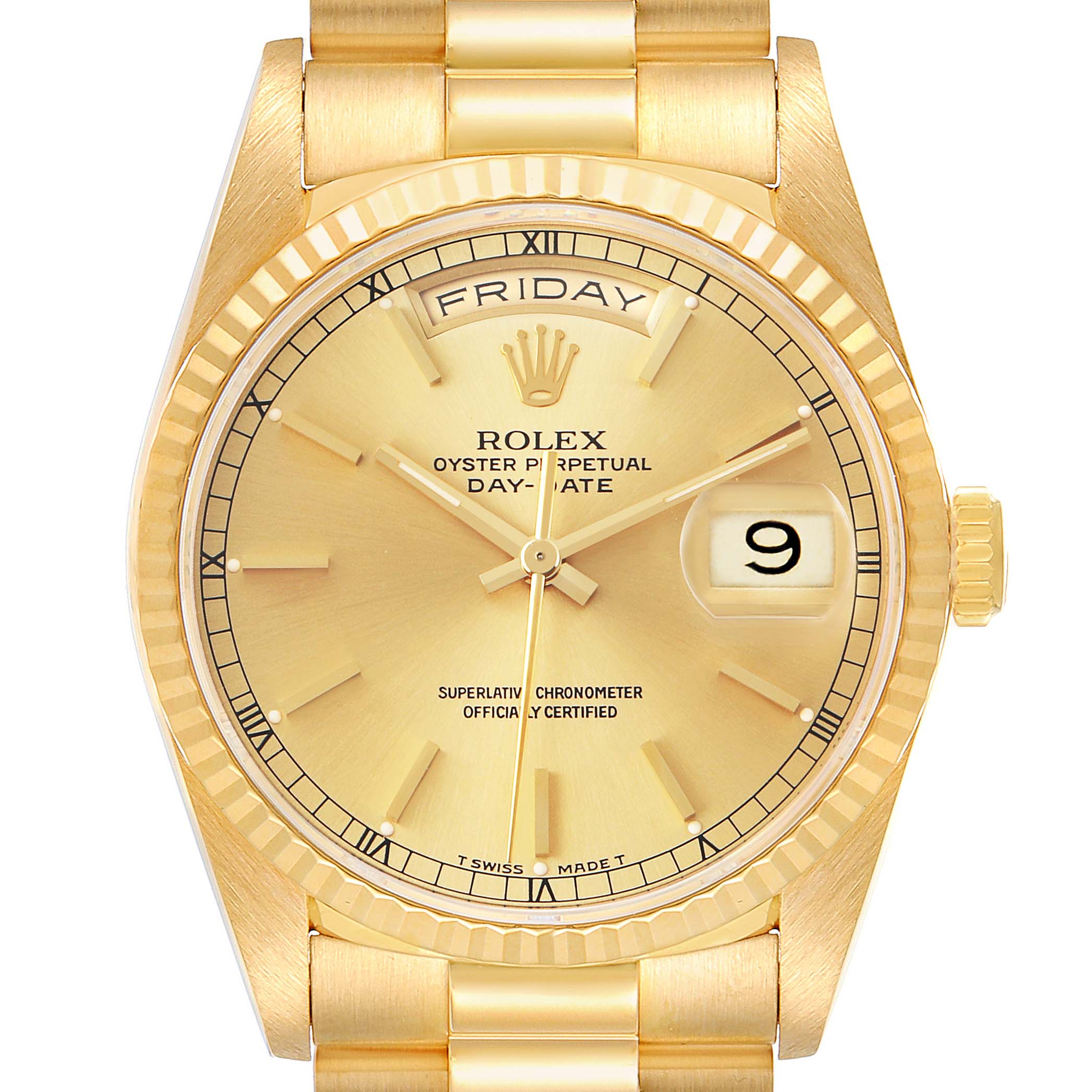 The Rolex President 18238 Men's Yellow Gold Champagne Dial model is shown from a top-down angle, displaying the face, bezel, crown, and part of the bracelet.