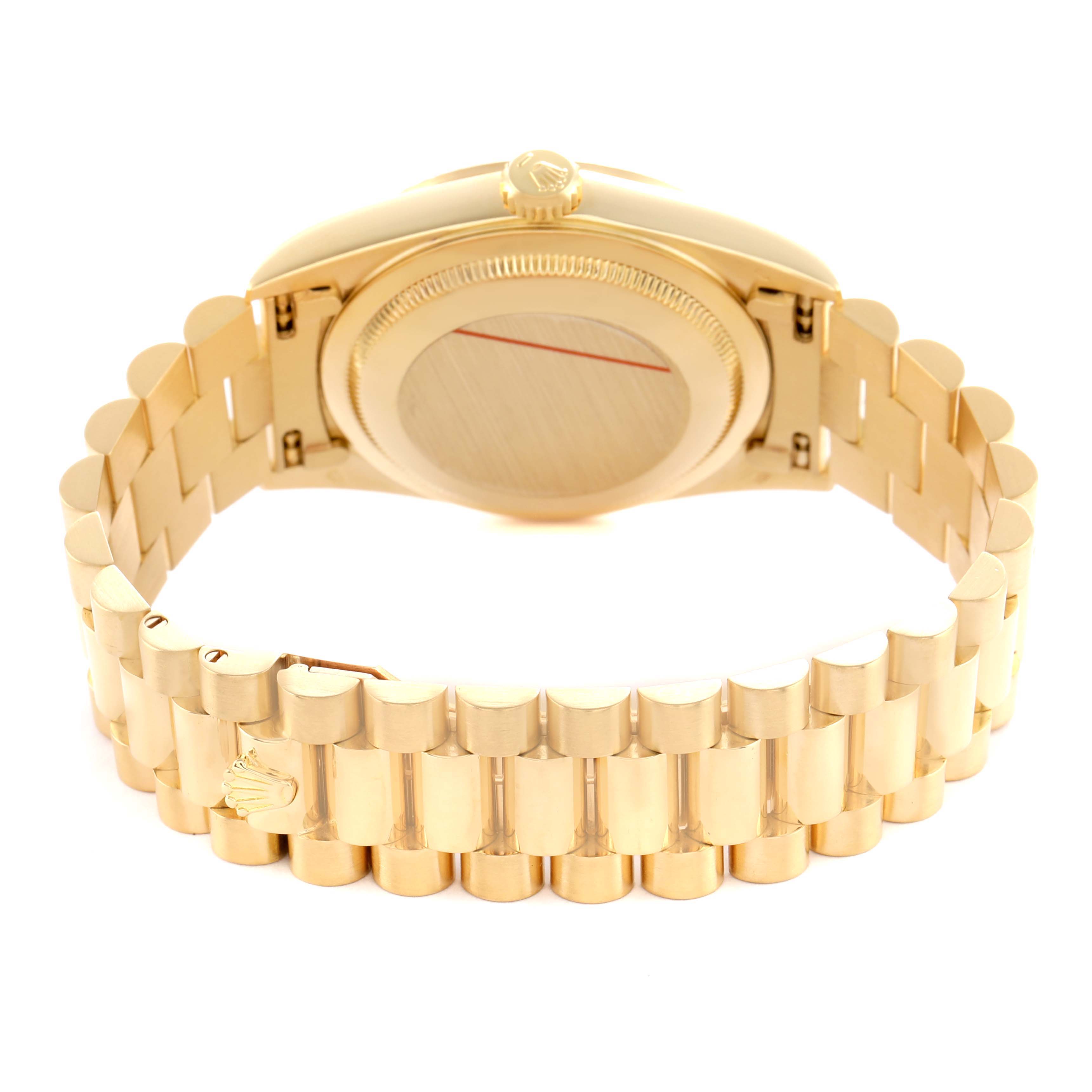 The angle shows the back case and bracelet of the Rolex President 18238 Men's Yellow Gold Champagne Dial model, emphasizing the crown and clasp details.