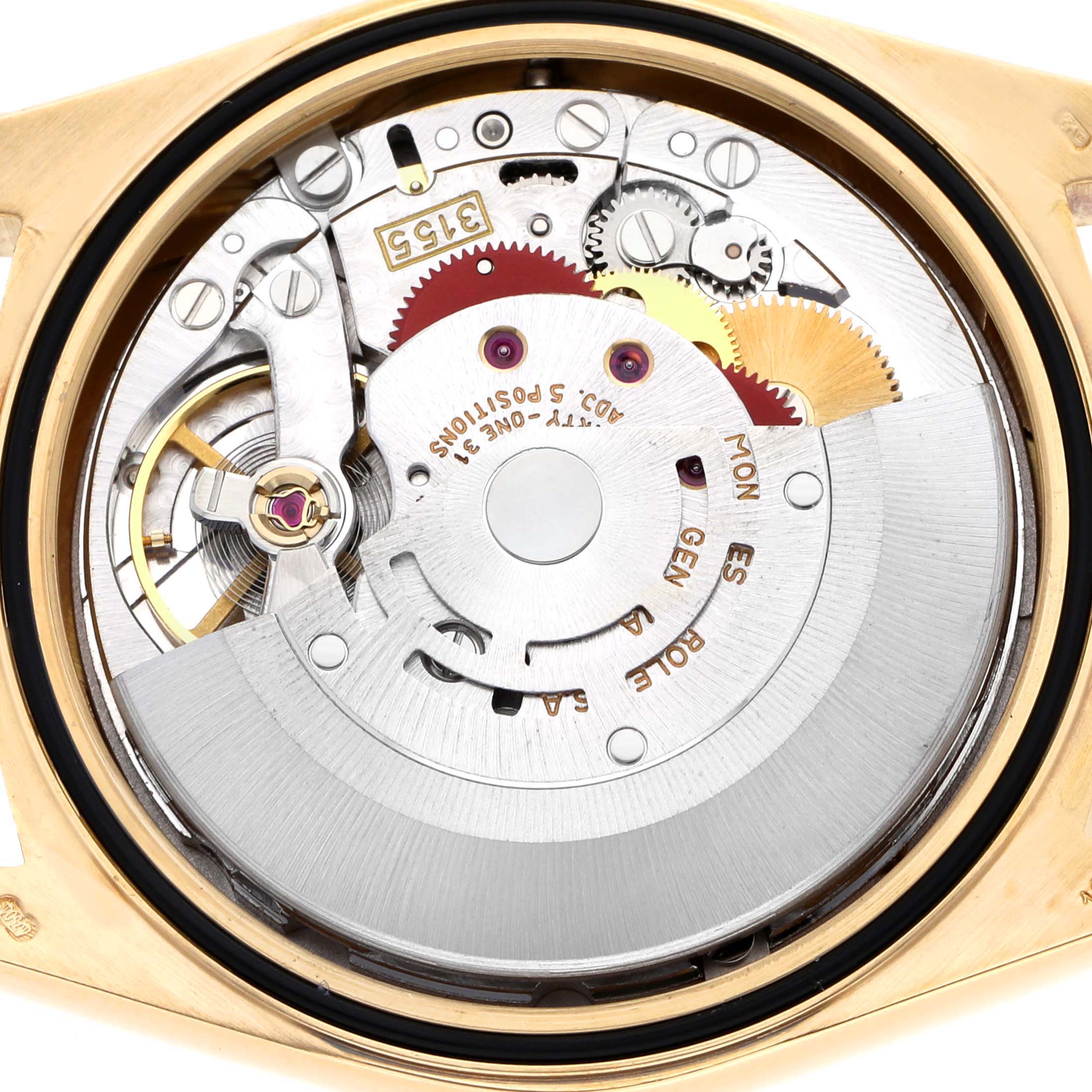 The image shows the back view of a Rolex President 18238 Men's Yellow Gold Champagne Dial model, focusing on its intricate mechanical movement components.