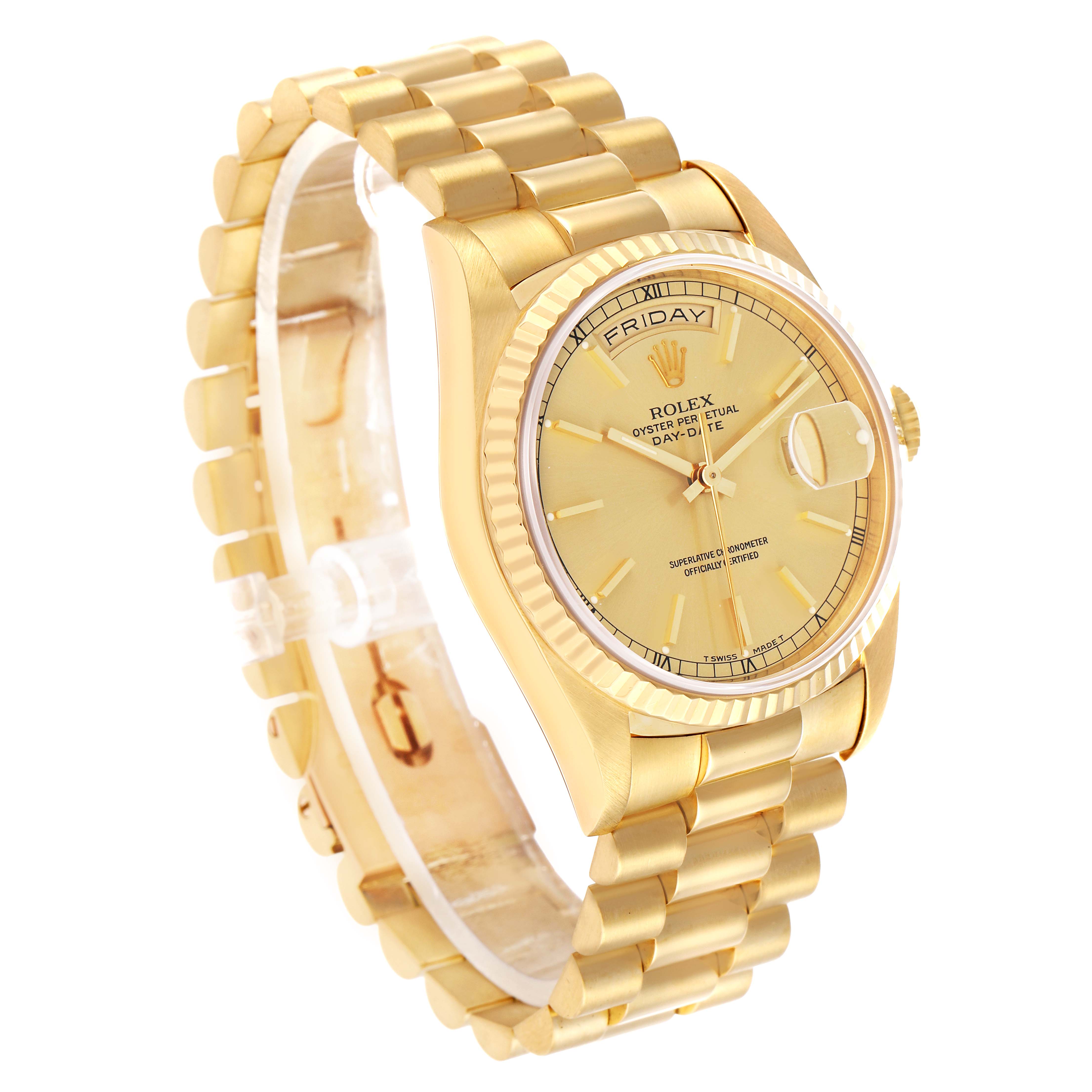The Rolex President 18238 Men's Yellow Gold Champagne Dial model watch is shown at a three-quarter angle, highlighting the dial, fluted bezel, bracelet, and day-date display.