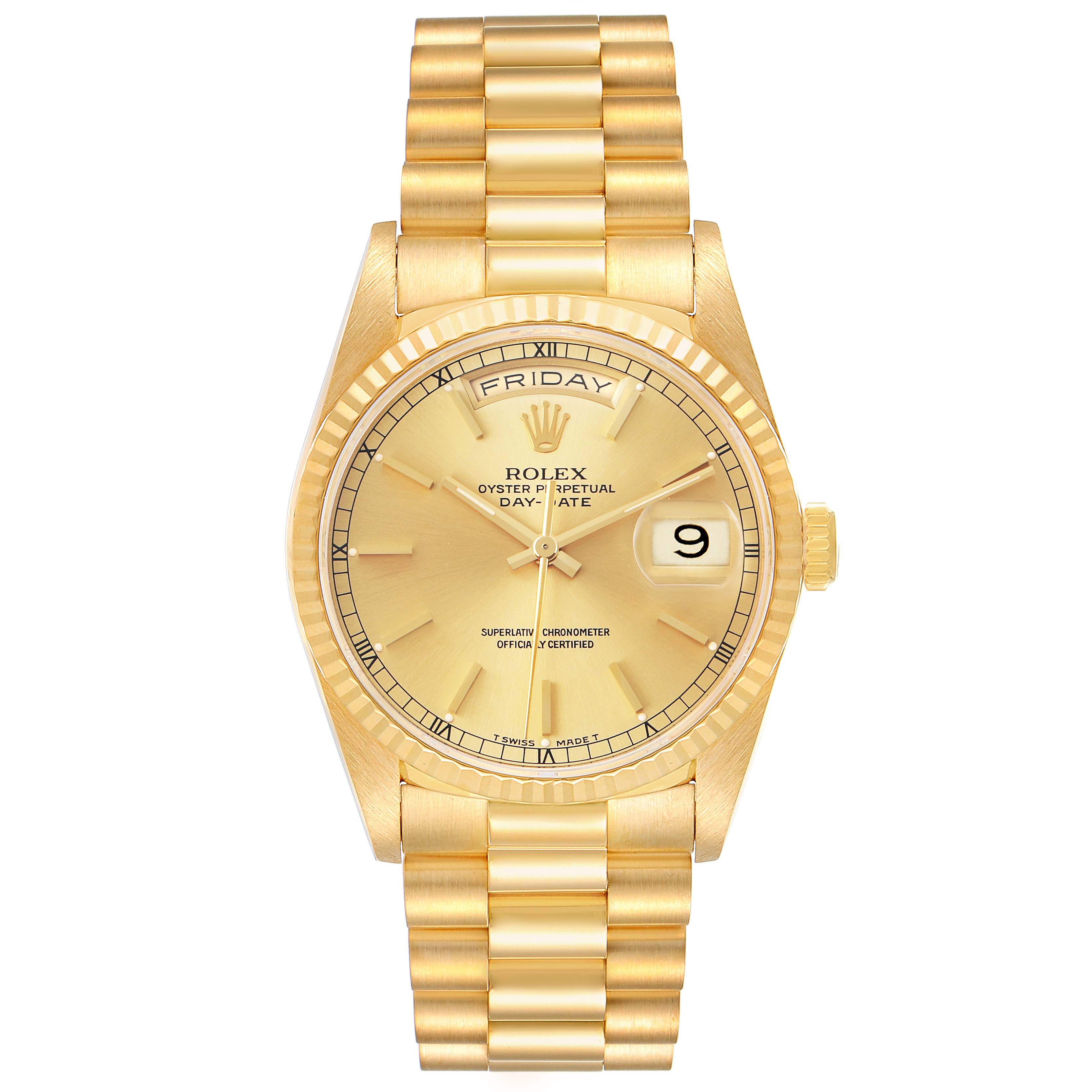 The Rolex President 18238 Men's Yellow Gold Champagne Dial model watch is shown from a front angle, displaying the dial, bezel, bracelet, and crown.