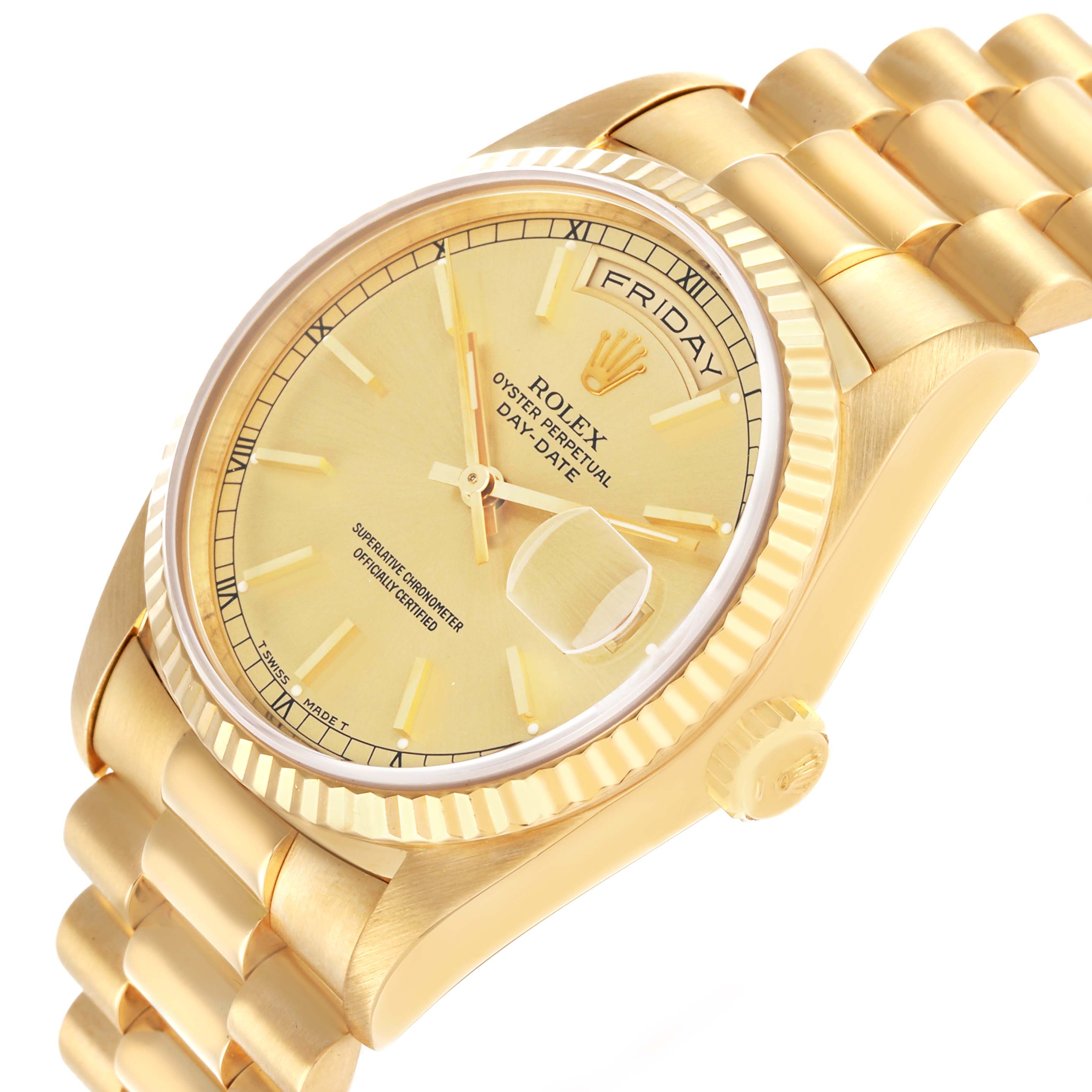 The Rolex President 18238 Men's Yellow Gold Champagne Dial model is shown at an angled view, displaying the dial, fluted bezel, day and date windows, and part of the bracelet.