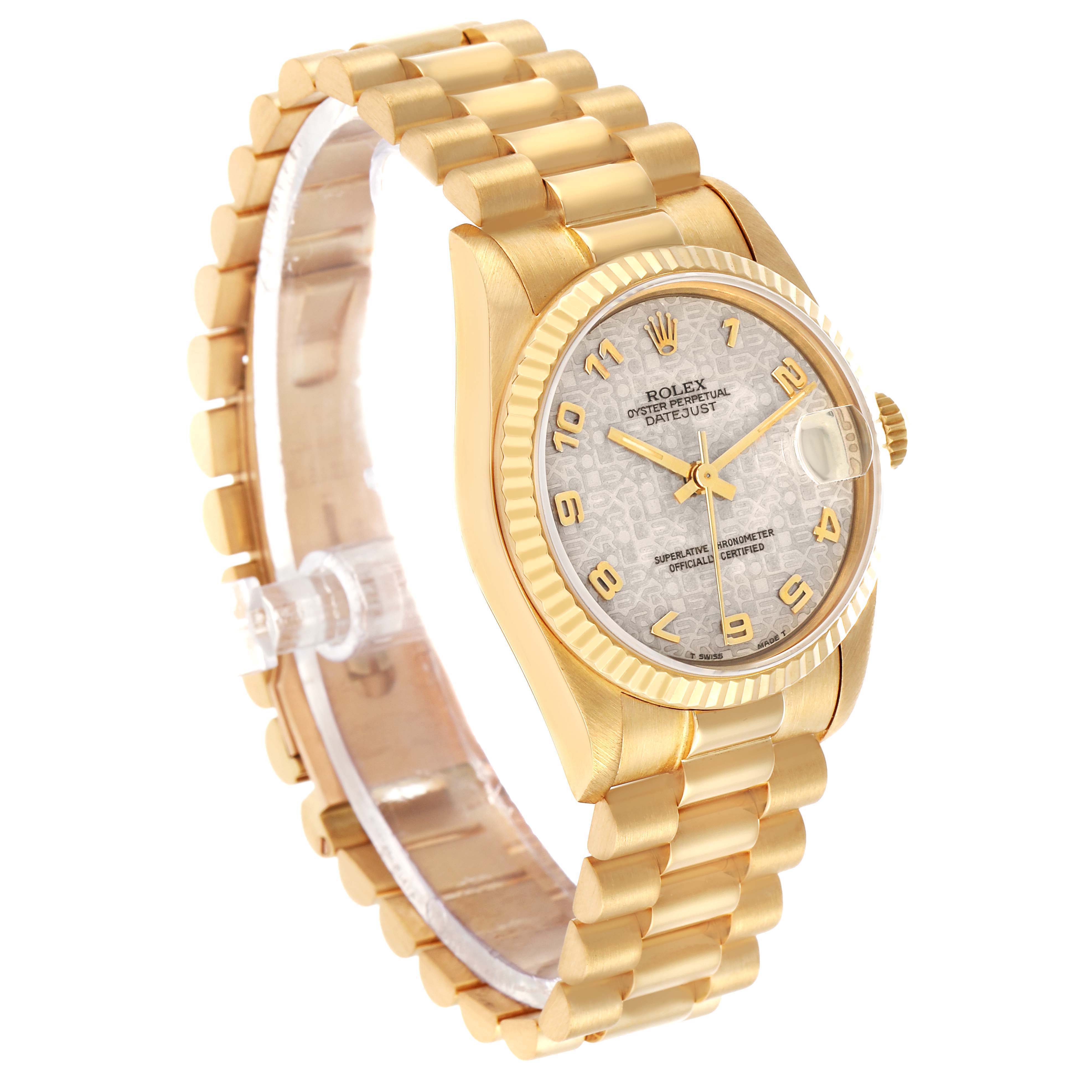 The Rolex Datejust Mid-Size watch is shown at a three-quarter angle, highlighting the gold bracelet, bezel, and distinctive dial.
