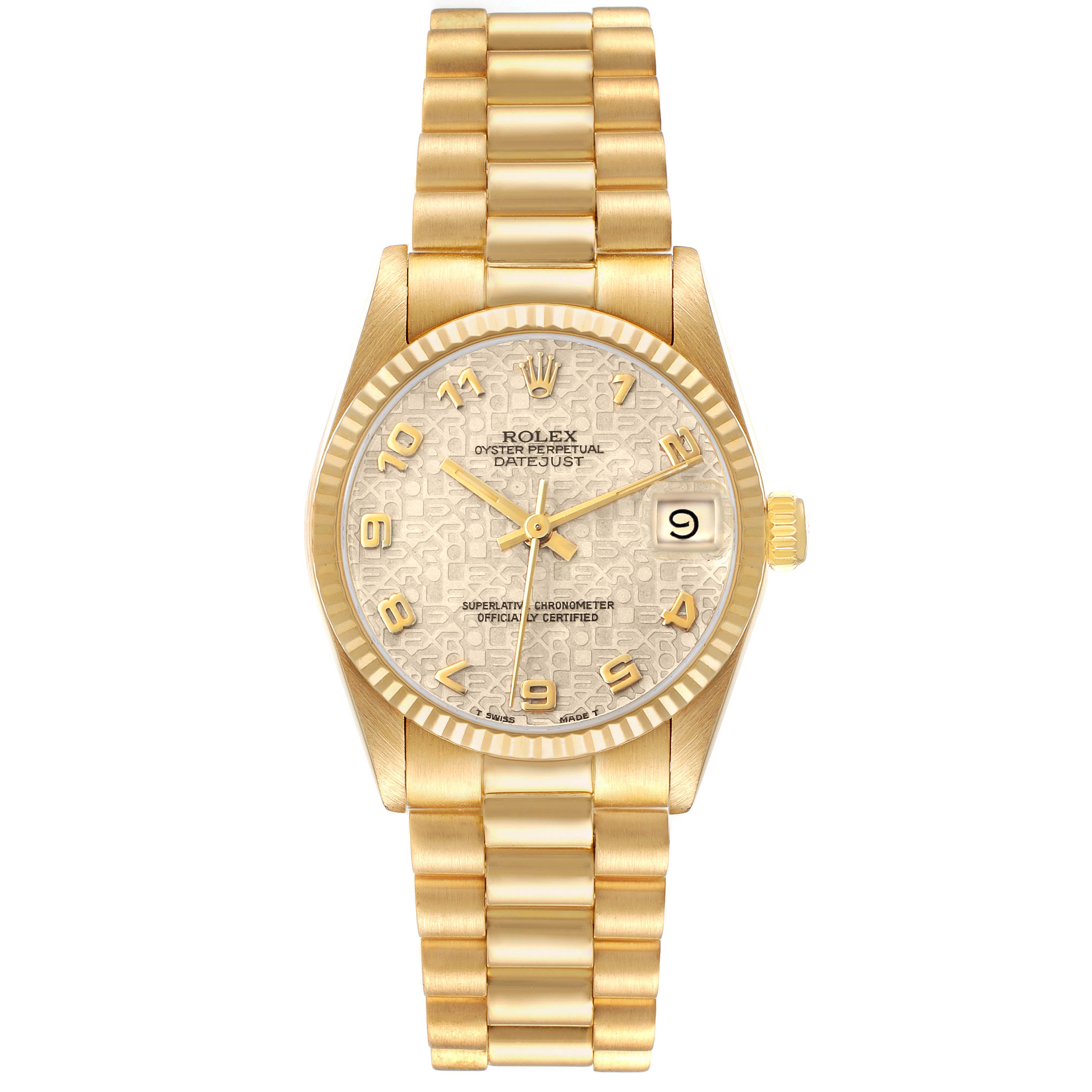 The Rolex Datejust Mid-Size watch is shown from a top-down angle, displaying the full face, bezel, and bracelet.