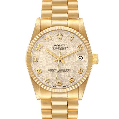 The Rolex Datejust Mid-Size watch is shown from a front angle, displaying its dial, bezel, case, and bracelet details.