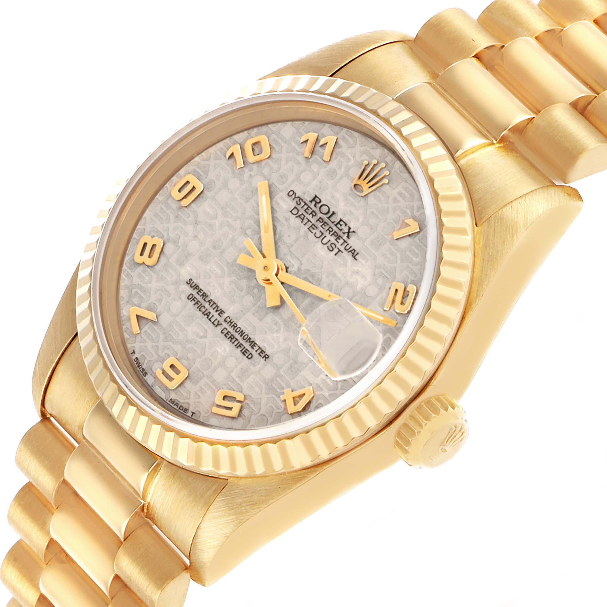 The Rolex Mid-Size 68278 Women's Yellow Gold White Dial watch is shown at an oblique angle, highlighting the dial, crown, bezel, and part of the bracelet.