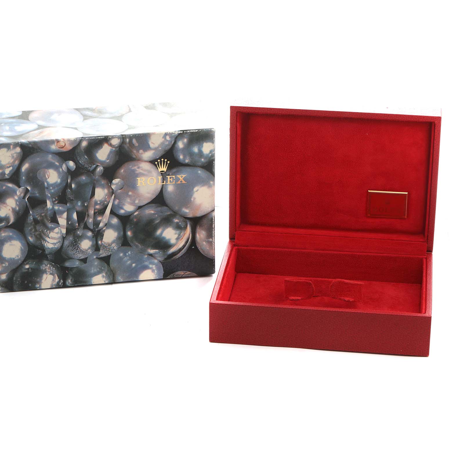 The image shows a Rolex Mid-Size 68278 Women's Yellow Gold White Dial model box and a red velvet interior case, without the watch visible.