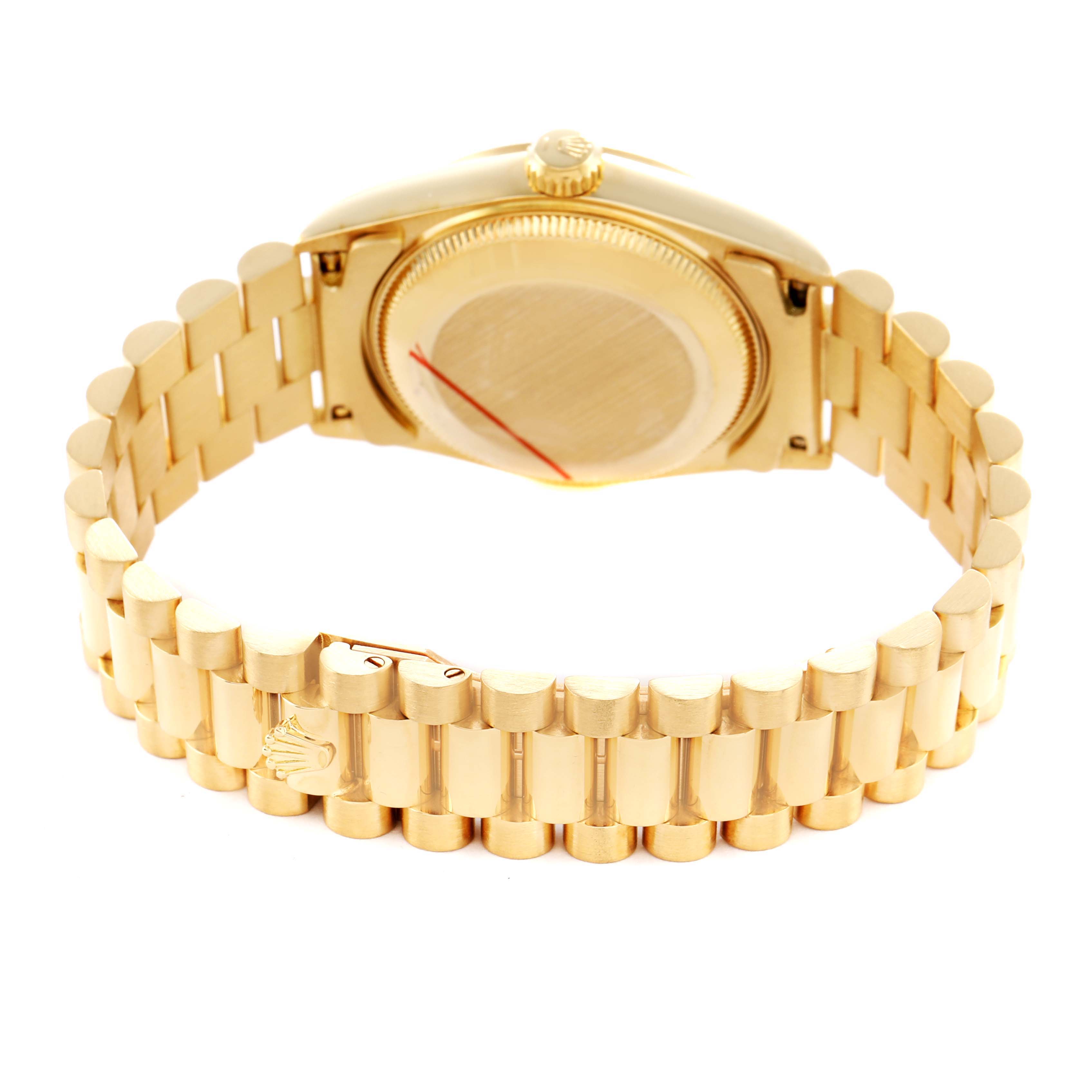 The image shows the back and side of the Rolex Mid-Size 68278 Women's Yellow Gold White Dial watch, highlighting the bracelet and case back.