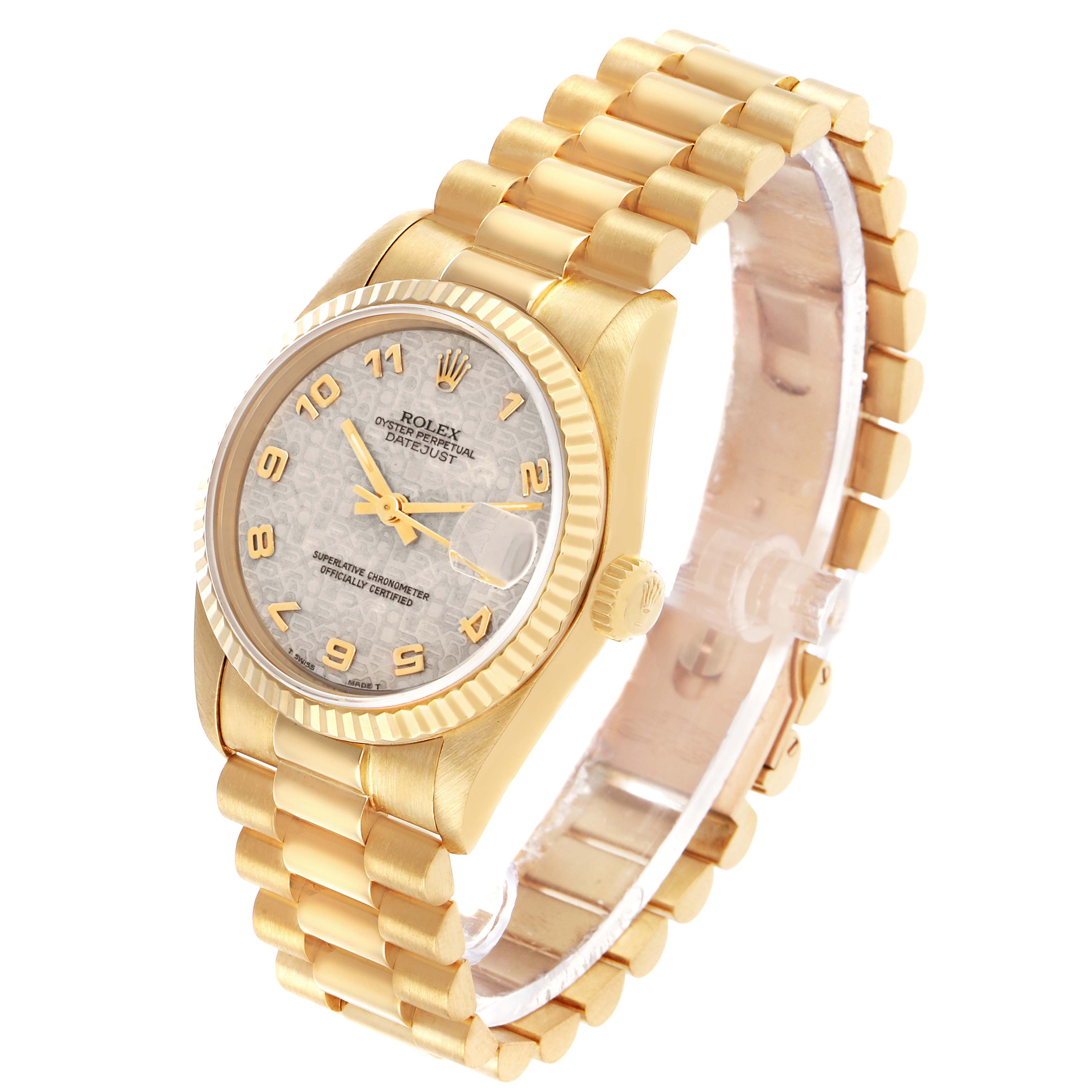 The Rolex Mid-Size 68278 Women's Yellow Gold White Dial watch is shown at a three-quarter angle, highlighting the bezel, dial, crown, and bracelet.