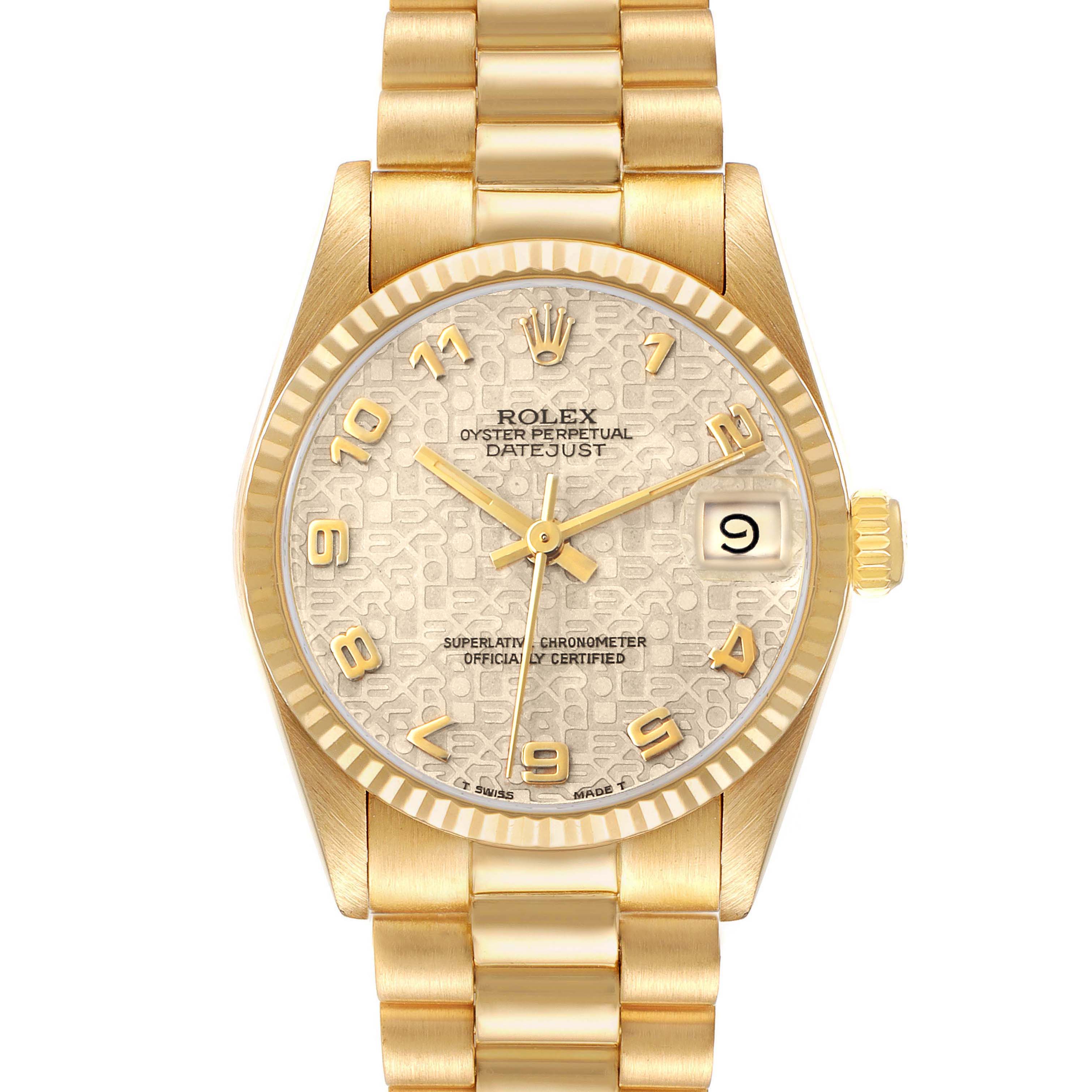 The Rolex Mid-Size 68278 Women's Yellow Gold White Dial Datejust watch is shown from a front angle highlighting its gold dial, bracelet, and date window.