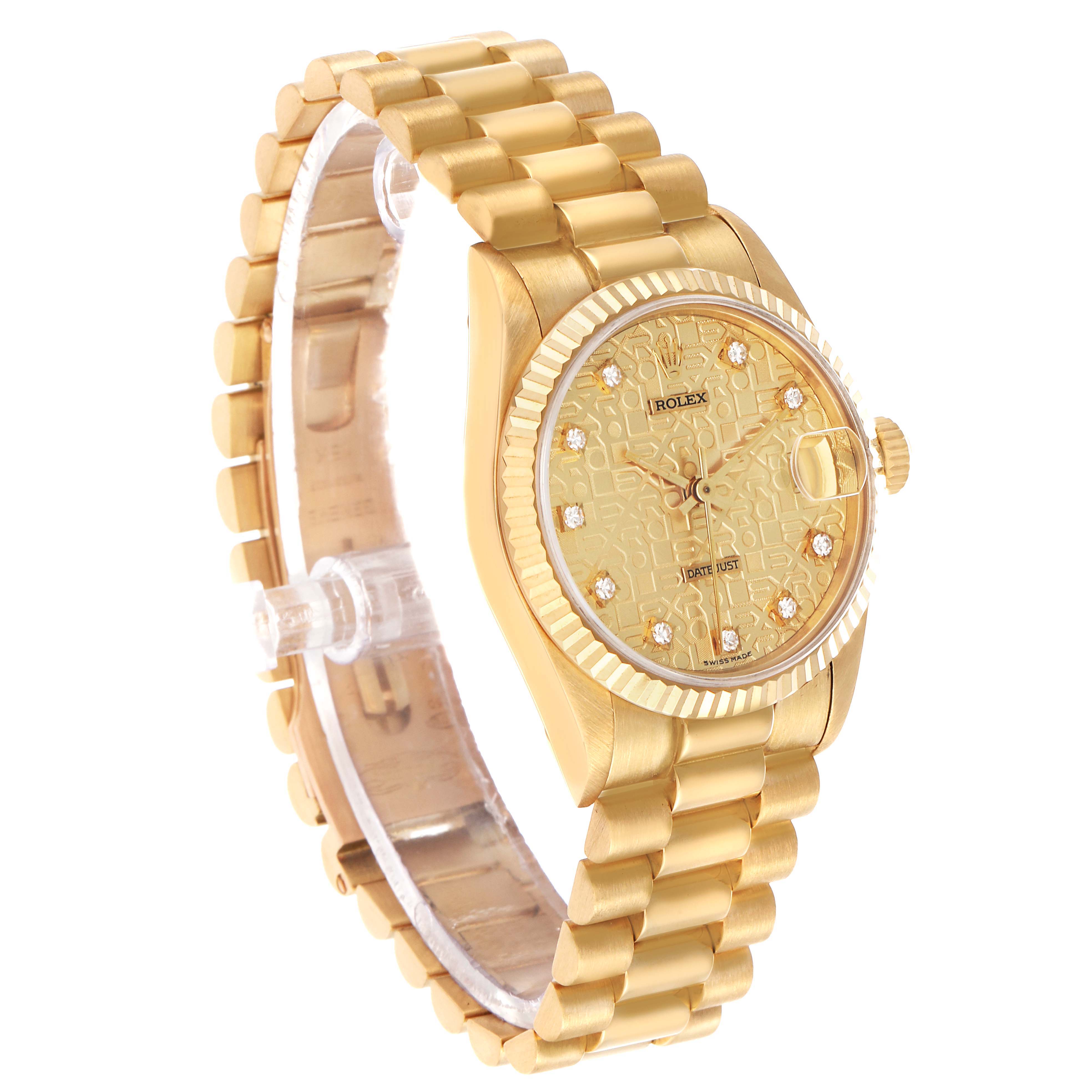 The Rolex Mid-Size 68278 Women's Yellow Gold Champagne Dial watch is shown at a three-quarter angle, displaying the face, case, and bracelet.