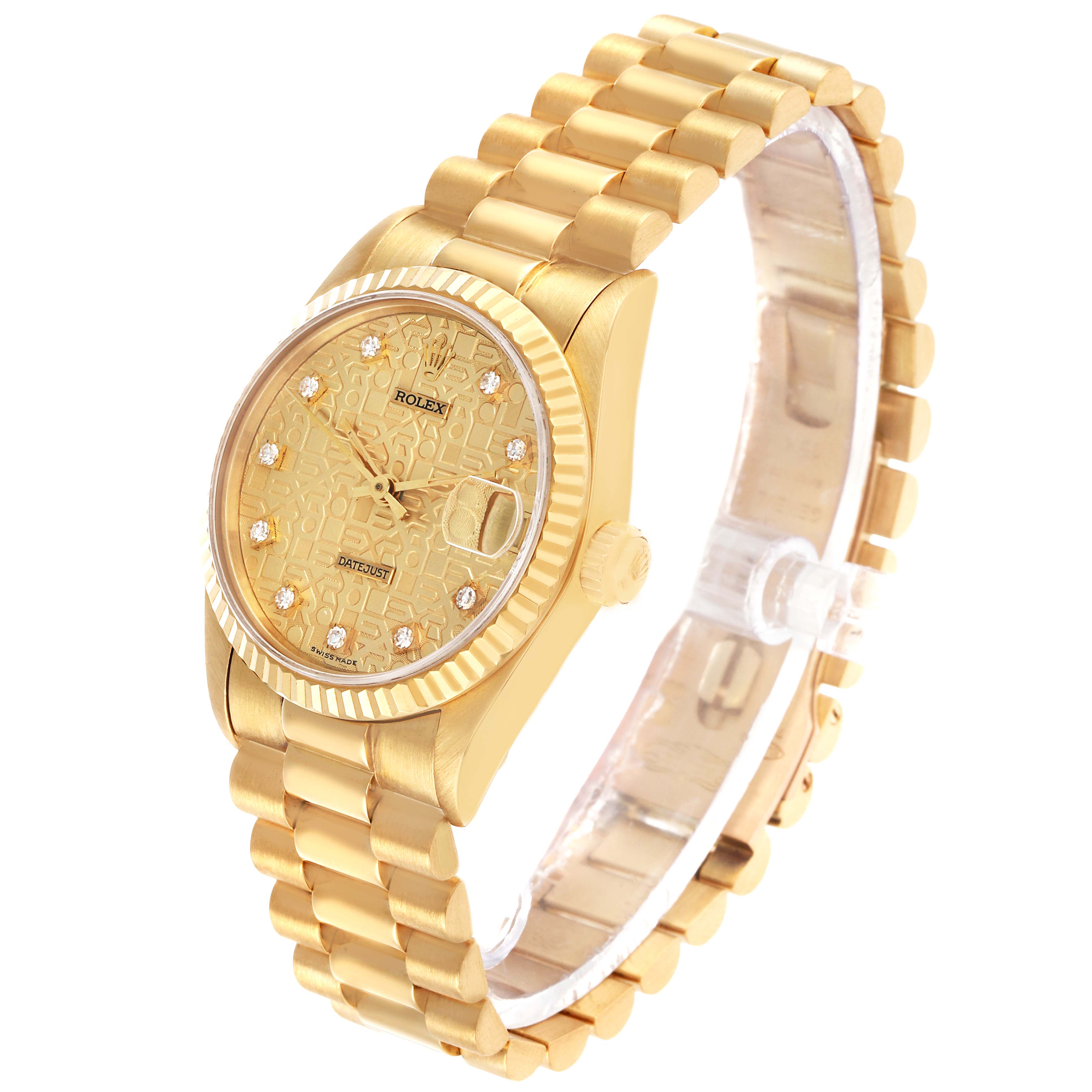 The Rolex Mid-Size 68278 Women's Yellow Gold Champagne Dial watch is shown at a front angle, highlighting the dial, bezel, crown, and bracelet.