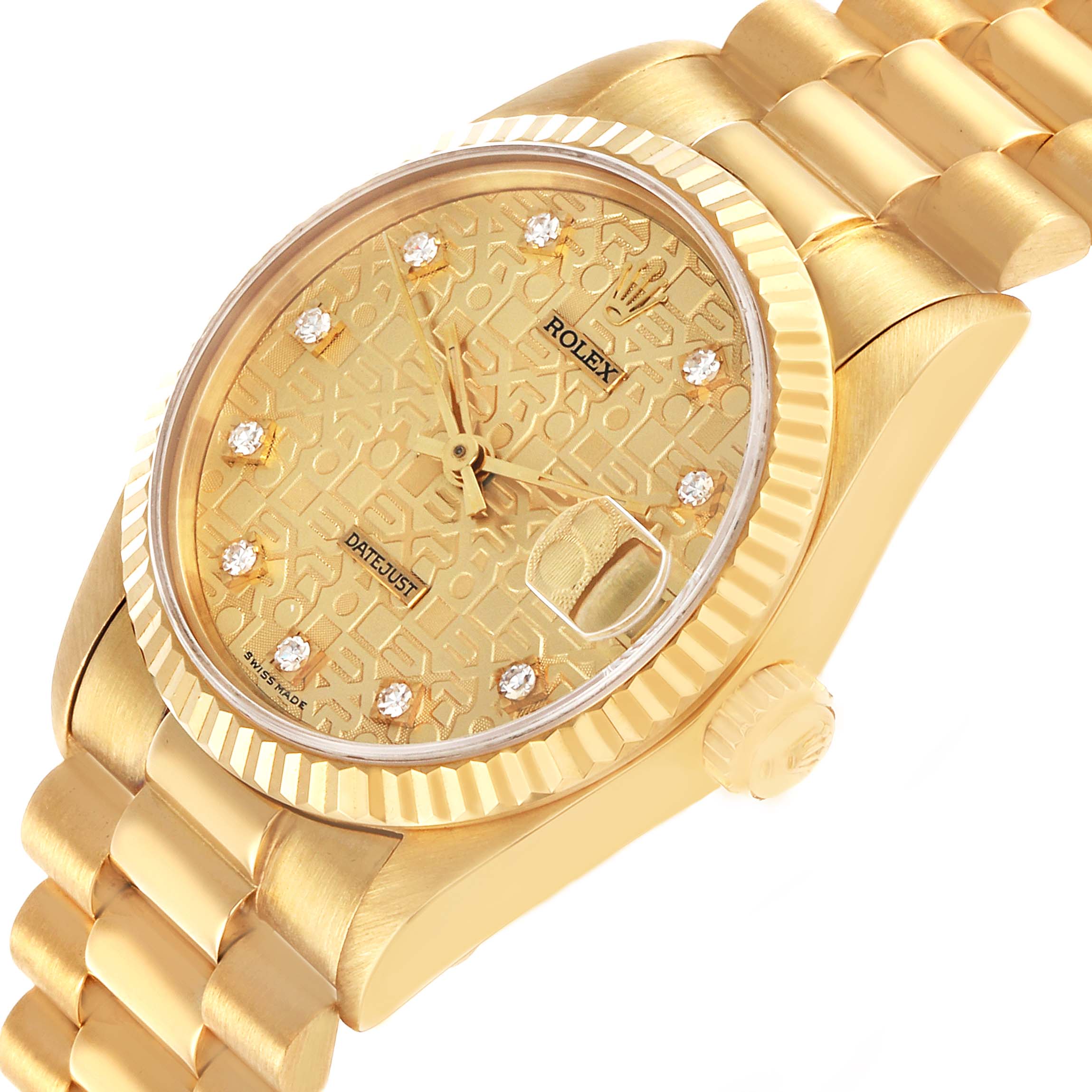 The Rolex Mid-Size 68278 Women's Yellow Gold Champagne Dial watch is shown at an angled view, highlighting its gold dial, bezel, and bracelet.