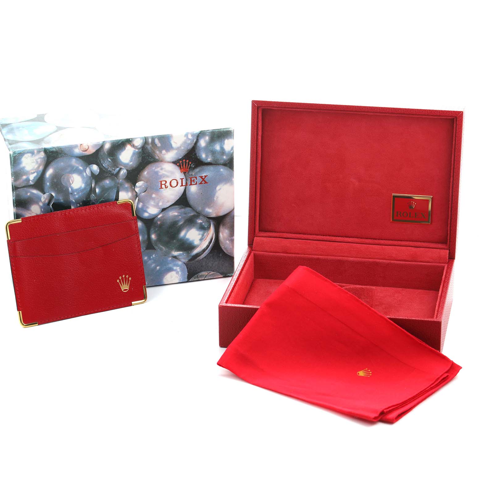 The image shows accessories for a Rolex Mid-Size 68278 Women's Yellow Gold Champagne Dial model, including a red box, pouch, cloth, and outer box.
