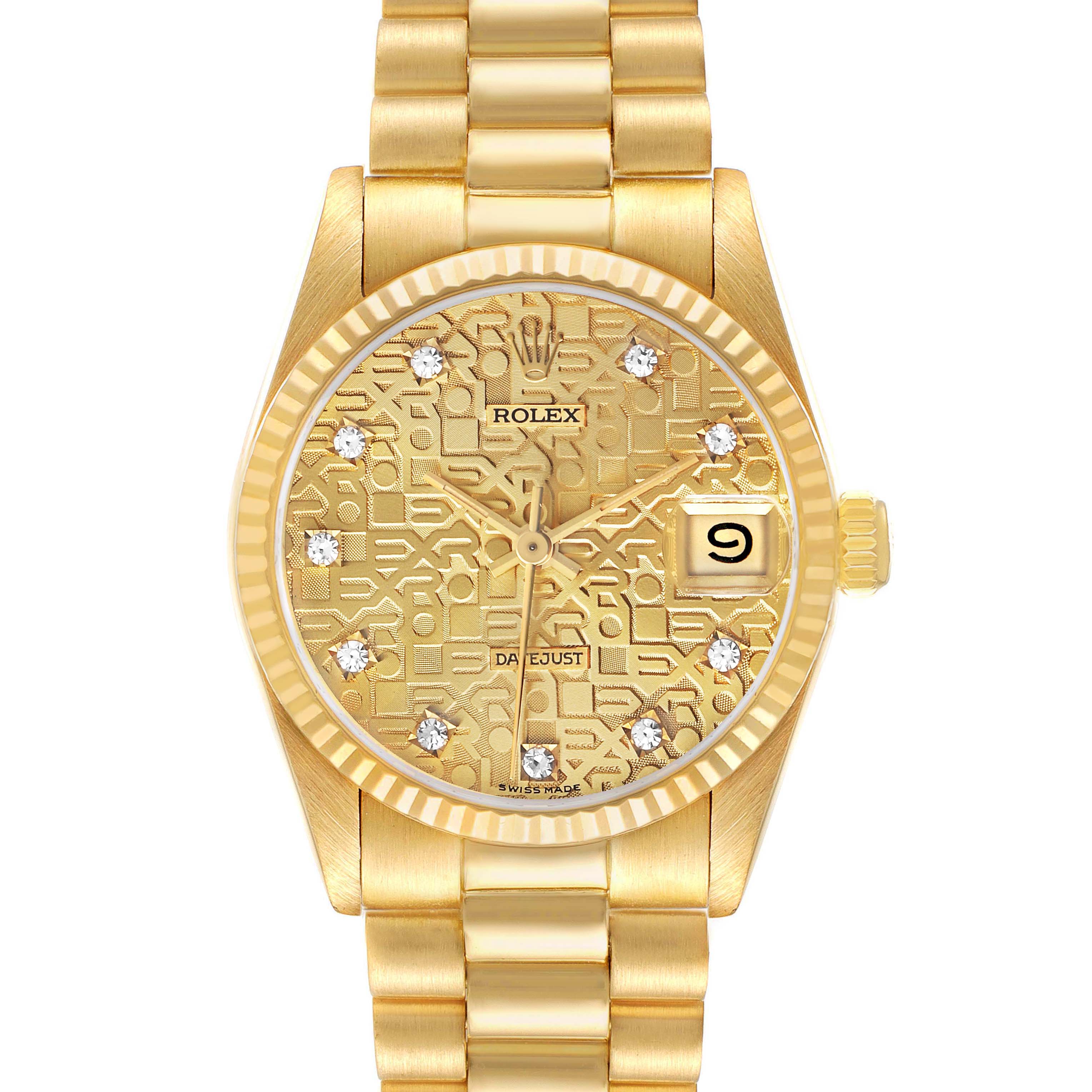 The image shows a Rolex Oyster Perpetual Datejust Mid-Size watch from a frontal view, featuring a gold textured dial with diamond markers and a fluted bezel.