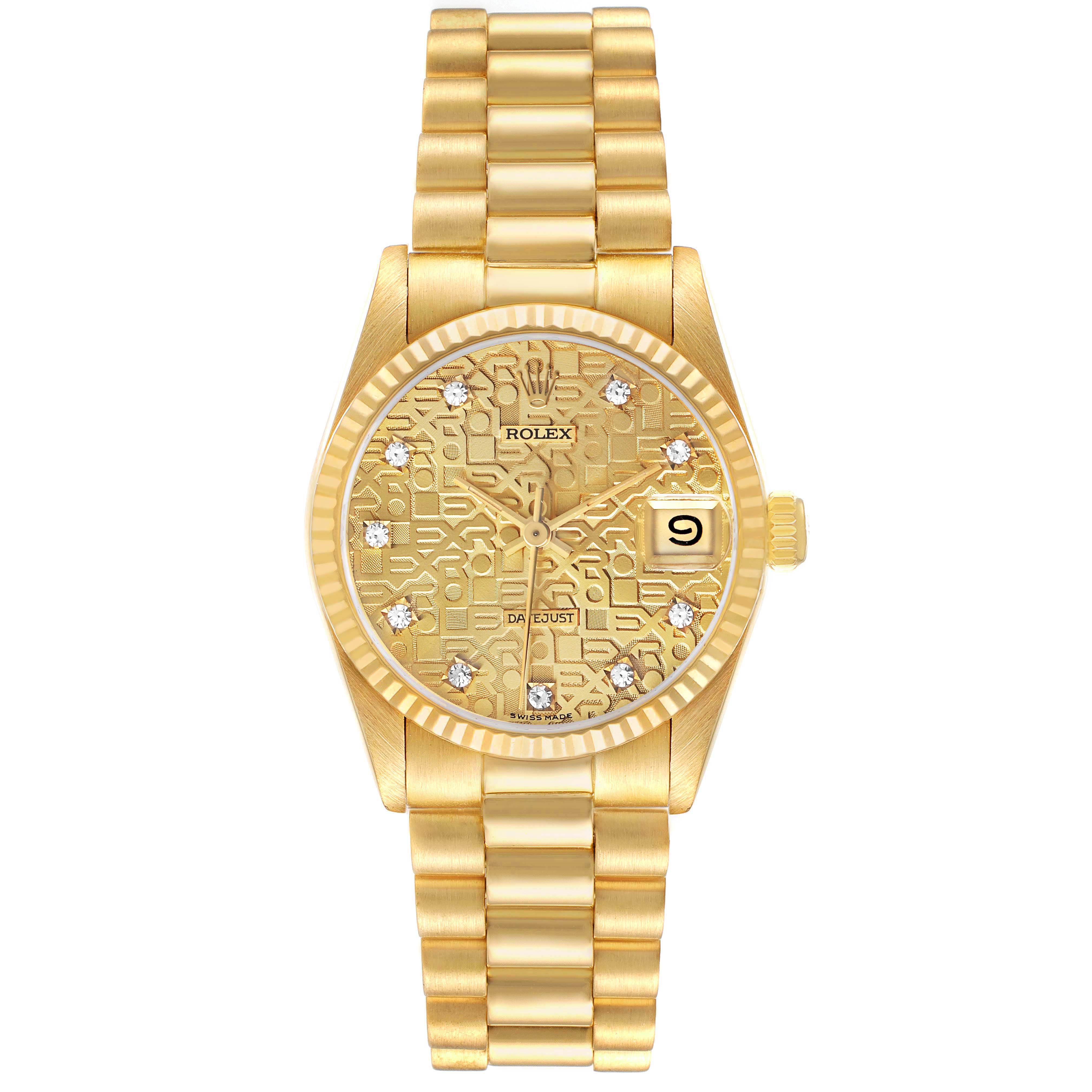 The Rolex Mid-Size 68278 Women's Yellow Gold Champagne Dial watch is shown from a top-down angle, displaying its dial, bezel, and bracelet clearly.