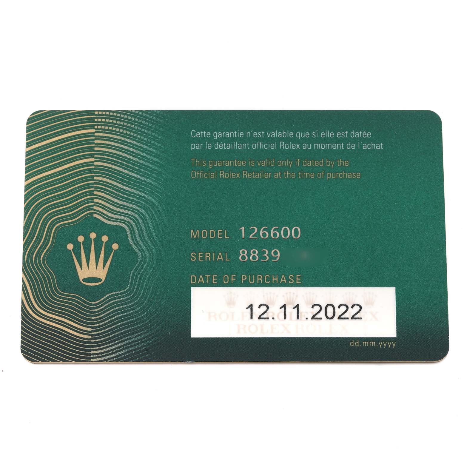 This image shows the warranty card for a Rolex Sea-Dweller 126600 Men
s Stainless Steel Black Dial 126600 Men
s Stainless Steel Black Dial model 126600, displaying the serial number and date of purchase.