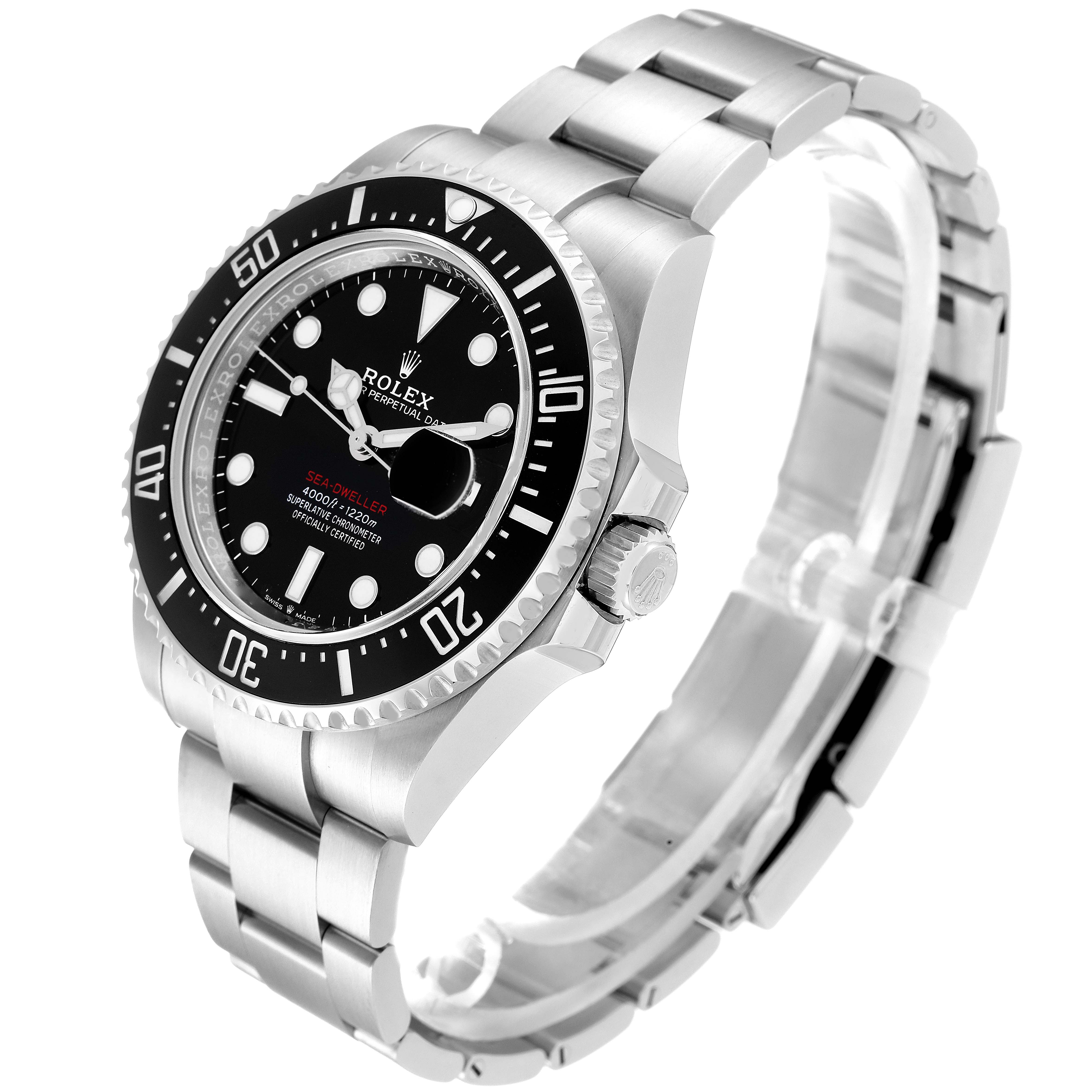 The image shows a Rolex Sea-Dweller 126600 Men
s Stainless Steel Black Dial 126600 Men
s Stainless Steel Black Dial watch in a three-quarter view, highlighting the bezel, dial, crown, and bracelet.