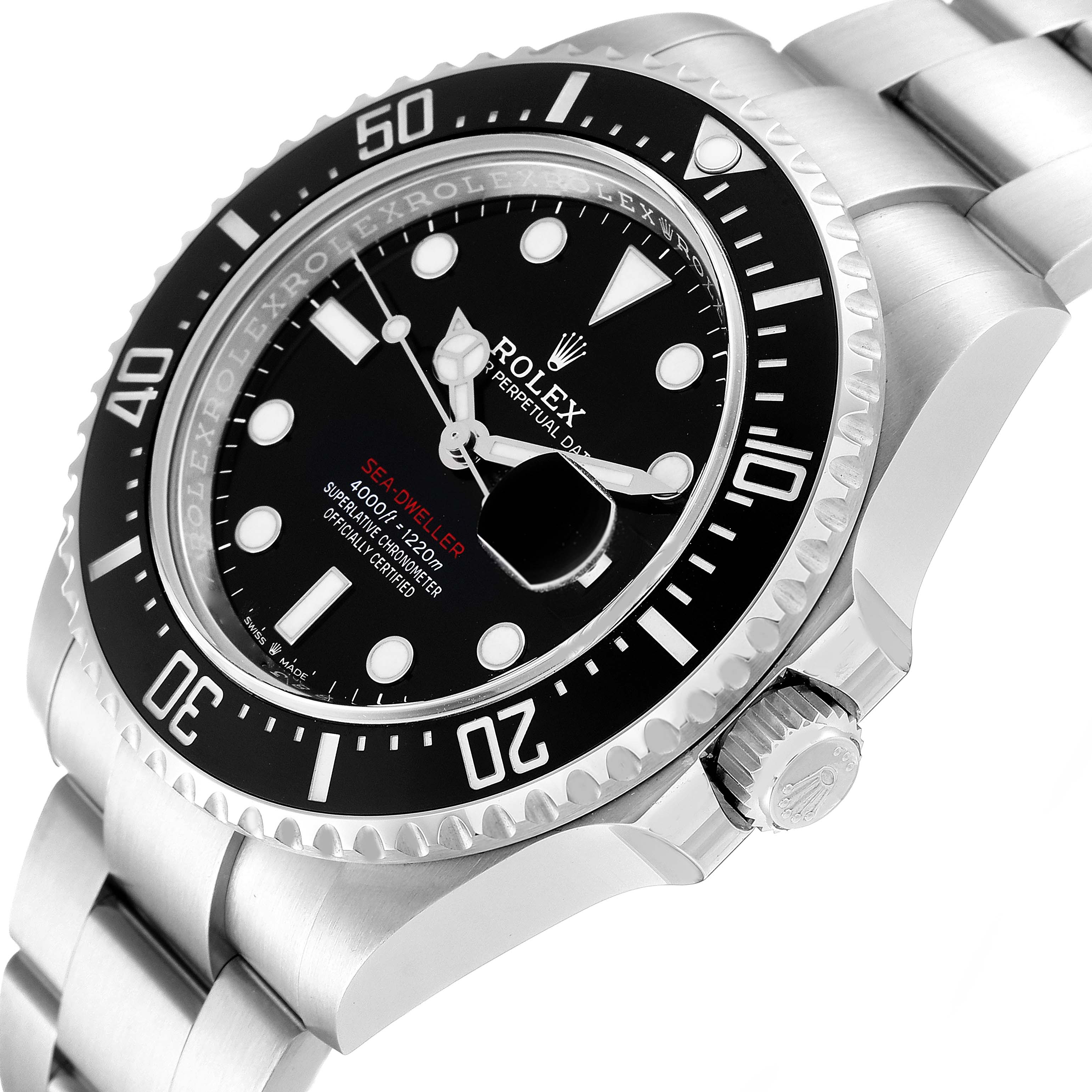 The image shows a side angle of the Rolex Sea-Dweller 126600 Men
s Stainless Steel Black Dial 126600 Men
s Stainless Steel Black Dial watch, highlighting the bezel, dial, and part of the stainless steel bracelet.