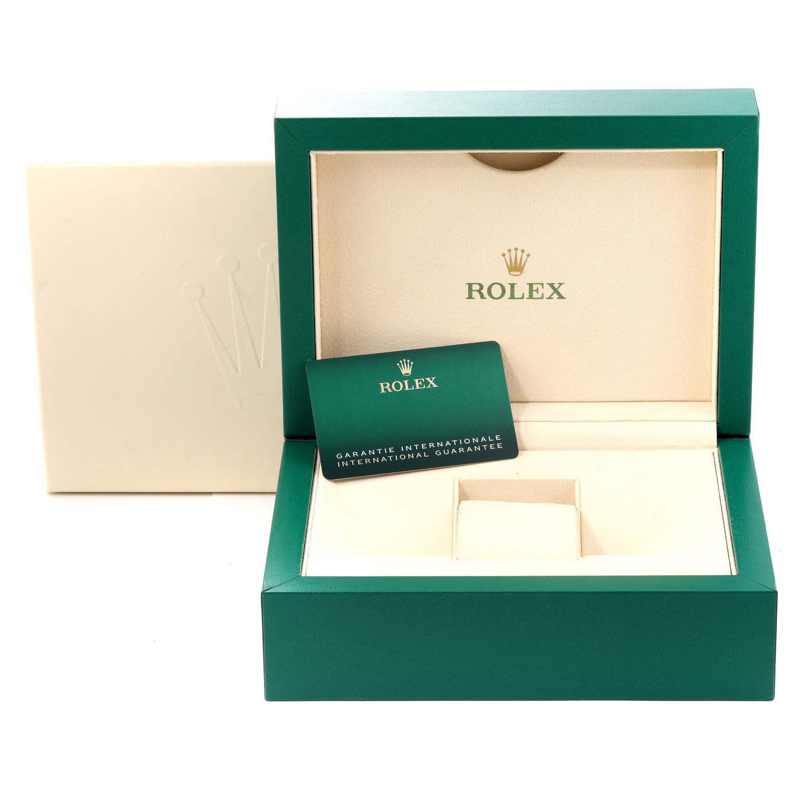This image shows an open Rolex Sea-Dweller 126600 Men
s Stainless Steel Black Dial 126600 Men
s Stainless Steel Black Dial watch box with the guarantee card inside.