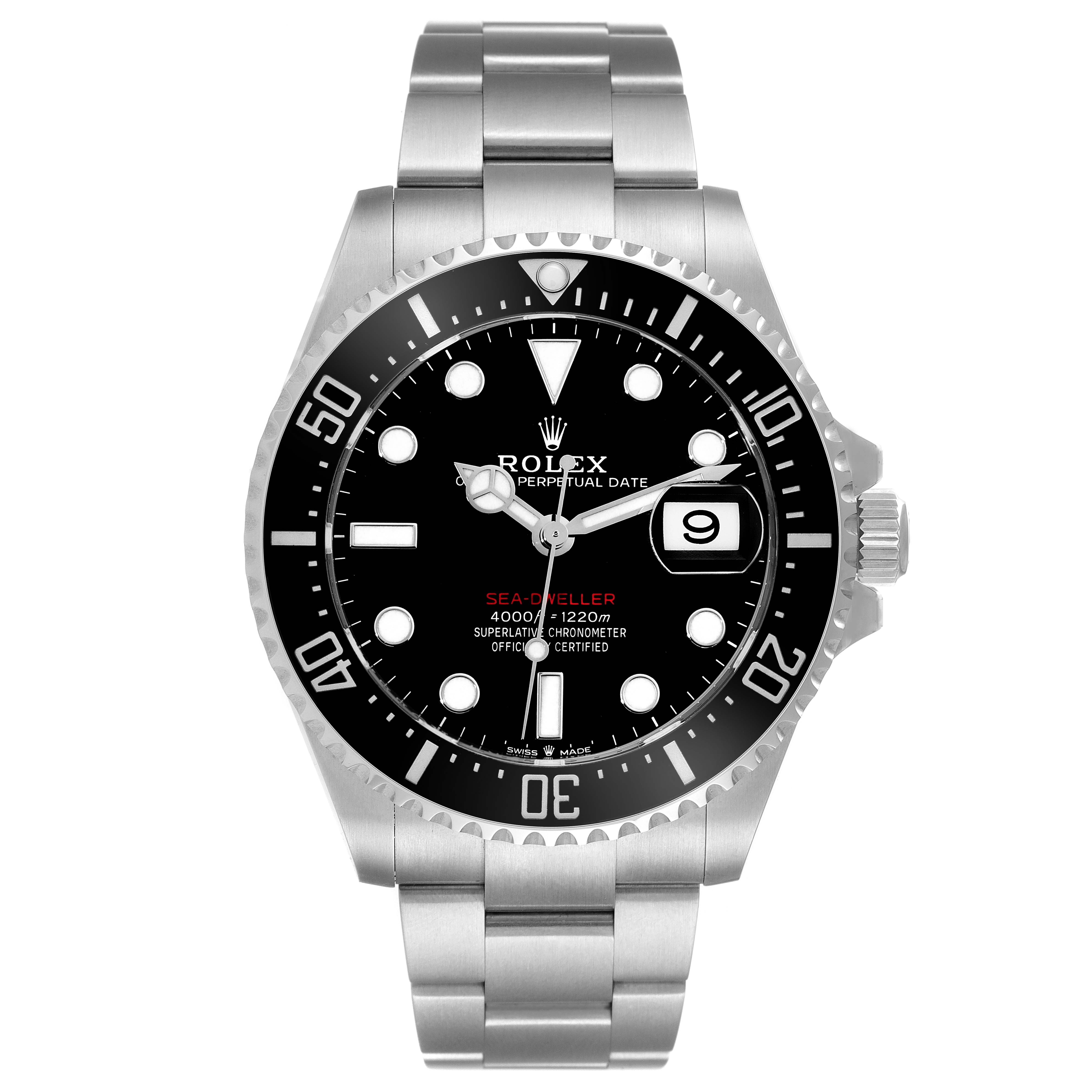The image shows a front view of the Rolex Sea-Dweller 126600 Men
s Stainless Steel Black Dial 126600 Men
s Stainless Steel Black Dial watch, displaying the face, bezel, and stainless steel bracelet.