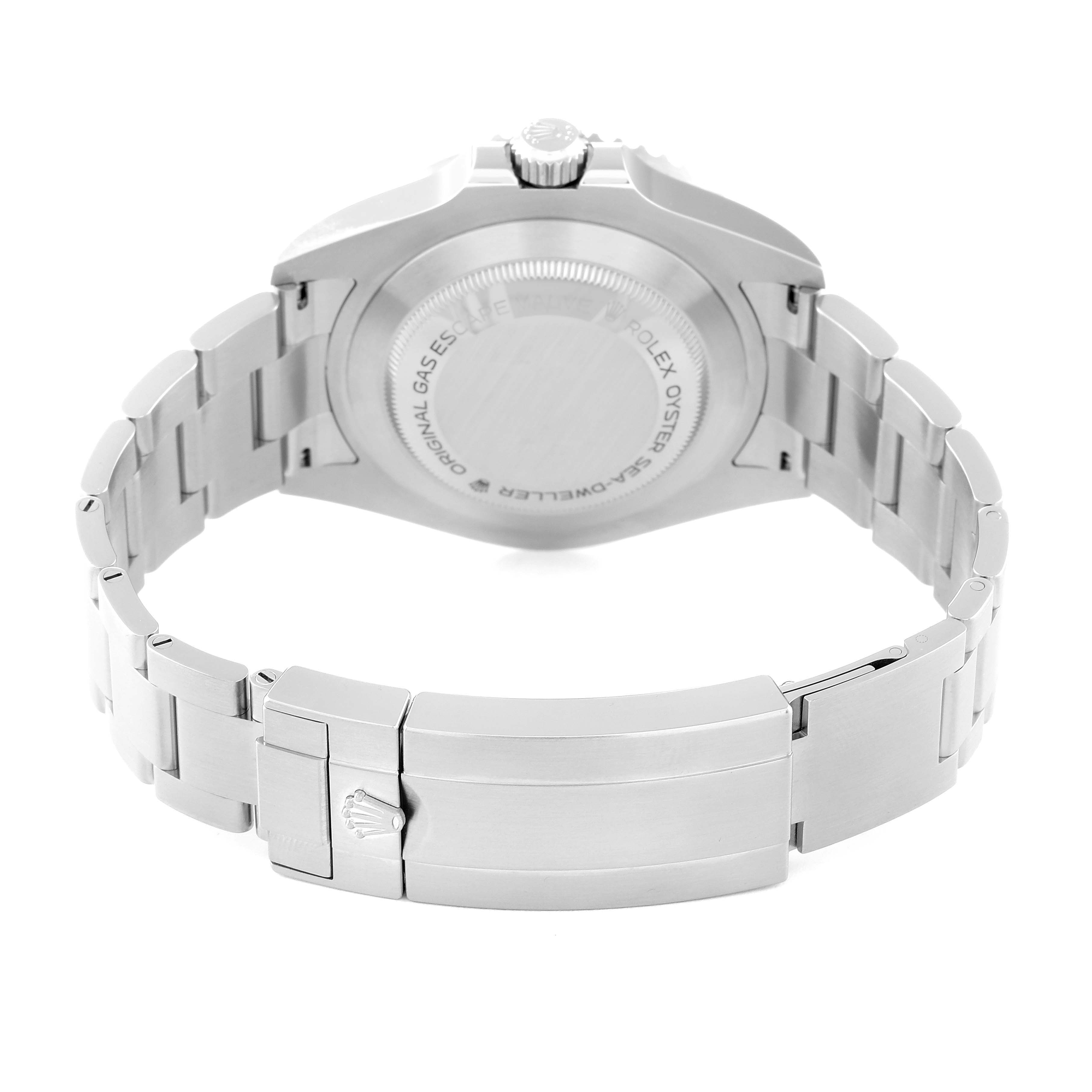 The image shows the back view of a Rolex Sea-Dweller 126600 Men
s Stainless Steel Black Dial 126600 Men
s Stainless Steel Black Dial watch, highlighting its stainless steel bracelet, clasp, and case back.