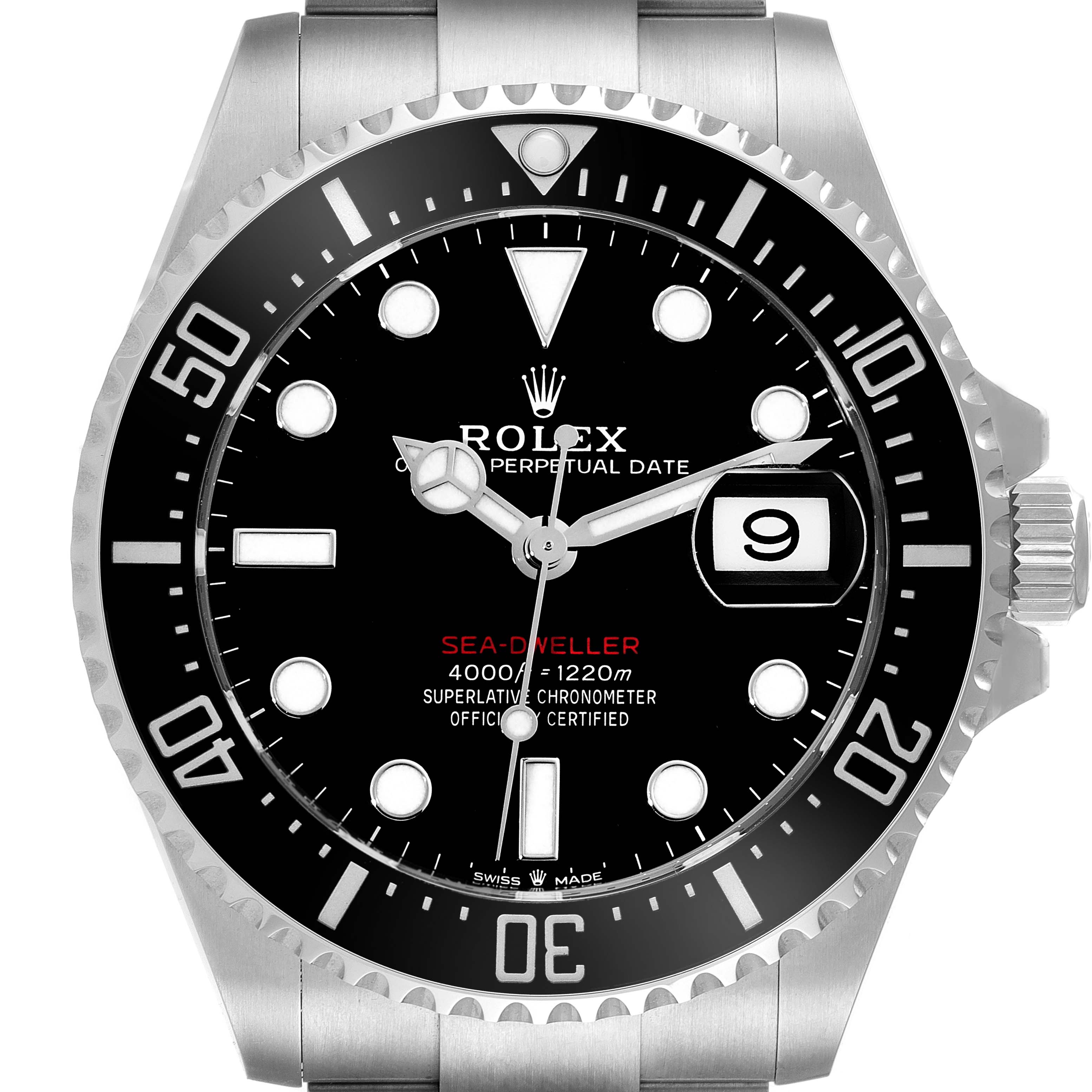 This image shows a close-up, front view of the Rolex Sea-Dweller 126600 Men
s Stainless Steel Black Dial 126600 Men
s Stainless Steel Black Dial watch, featuring its dial, bezel, hands, and date window.