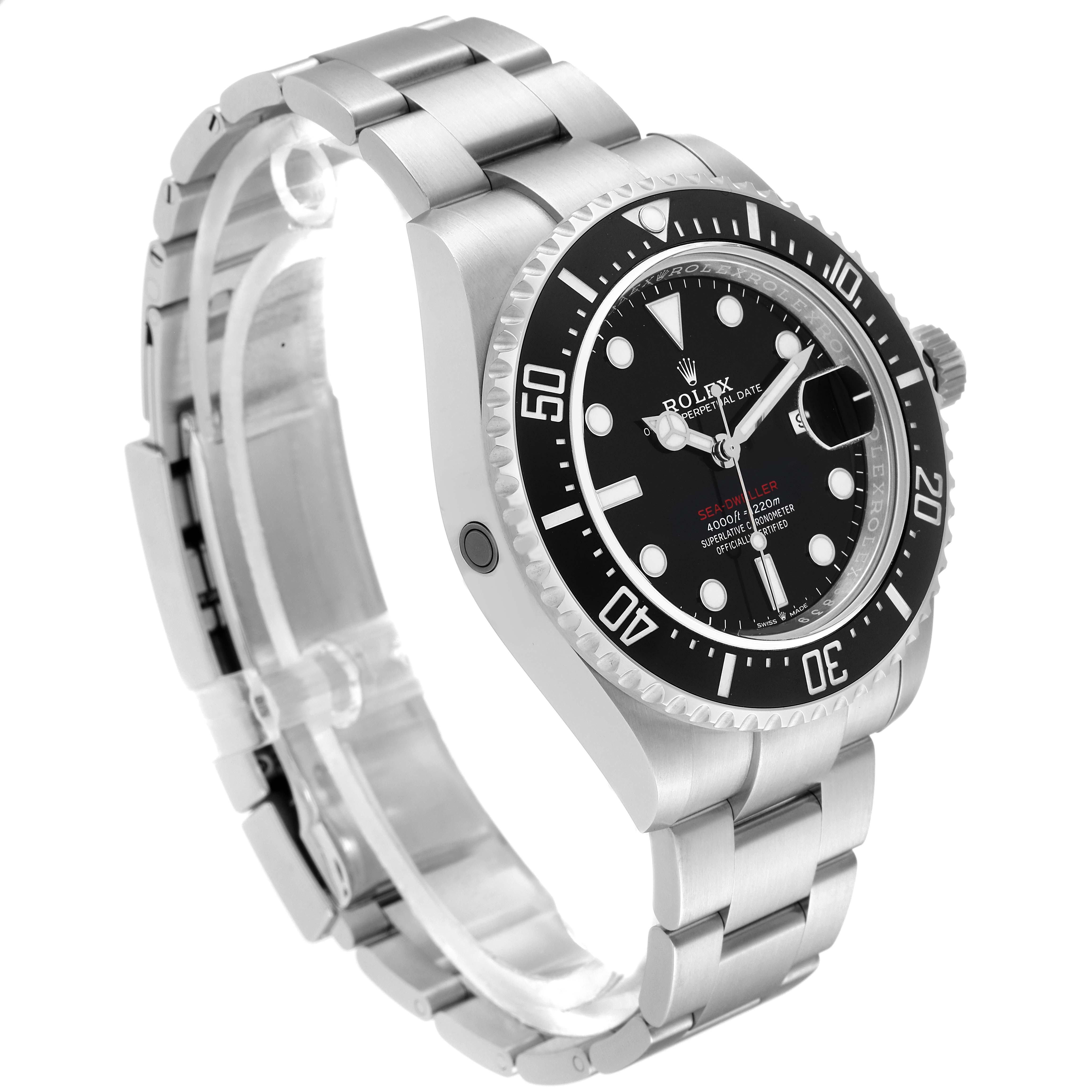 The Rolex Sea-Dweller 126600 Men
s Stainless Steel Black Dial 126600 Men
s Stainless Steel Black Dial is shown in a three-quarter view displaying the dial, bezel, and bracelet.