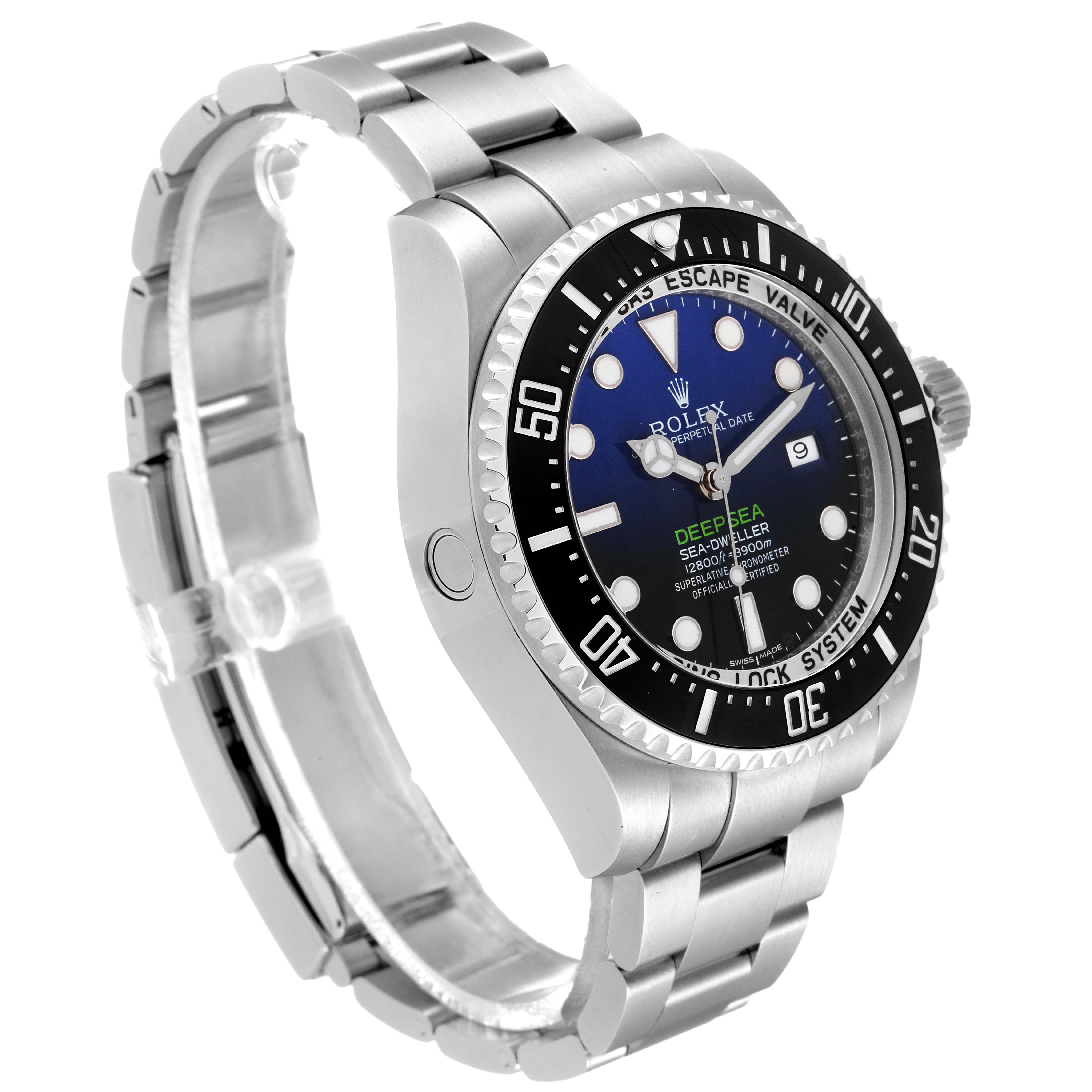 The Rolex Sea-Dweller 116660 Men's Stainless Steel Blue Dial 116660 Men's Stainless Steel Blue Dial model watch is shown at a three-quarter angle, displaying the face, bezel, and part of the bracelet.