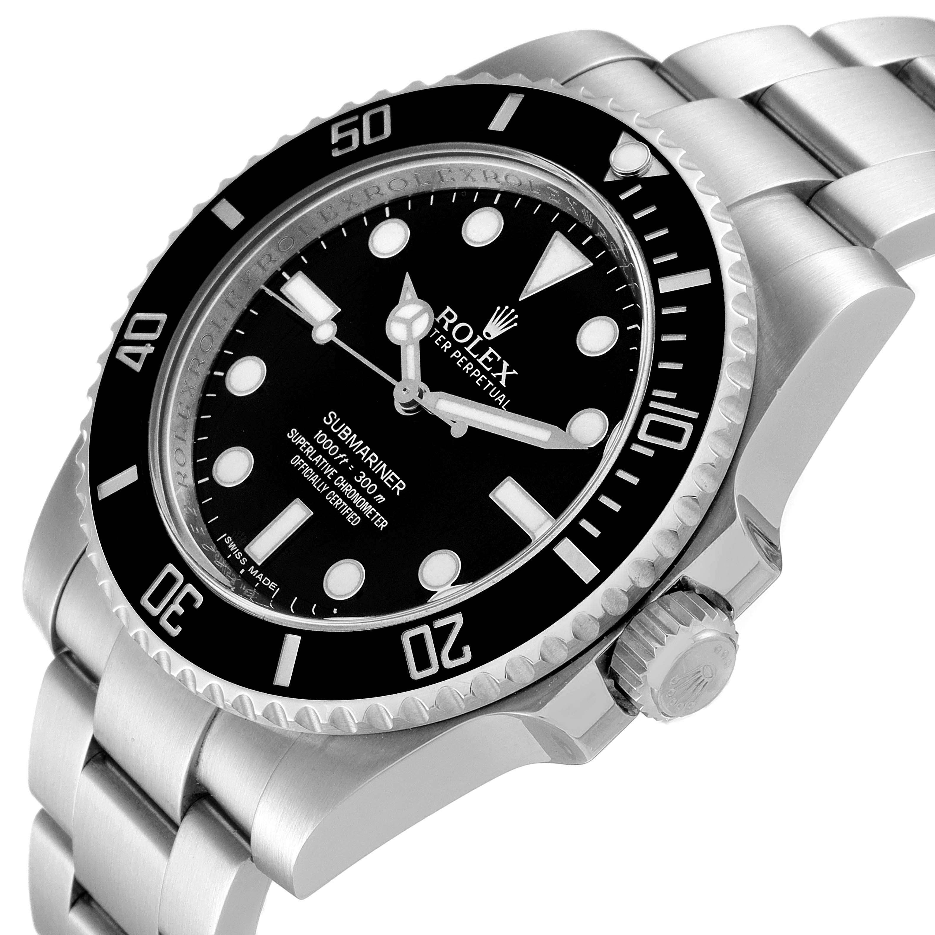 This image shows a close-up, angled view of the Rolex Submariner 114060 Men
s Stainless Steel Black Dial 114060 Men
s Stainless Steel Black Dial watch, highlighting its black dial and stainless steel bracelet.