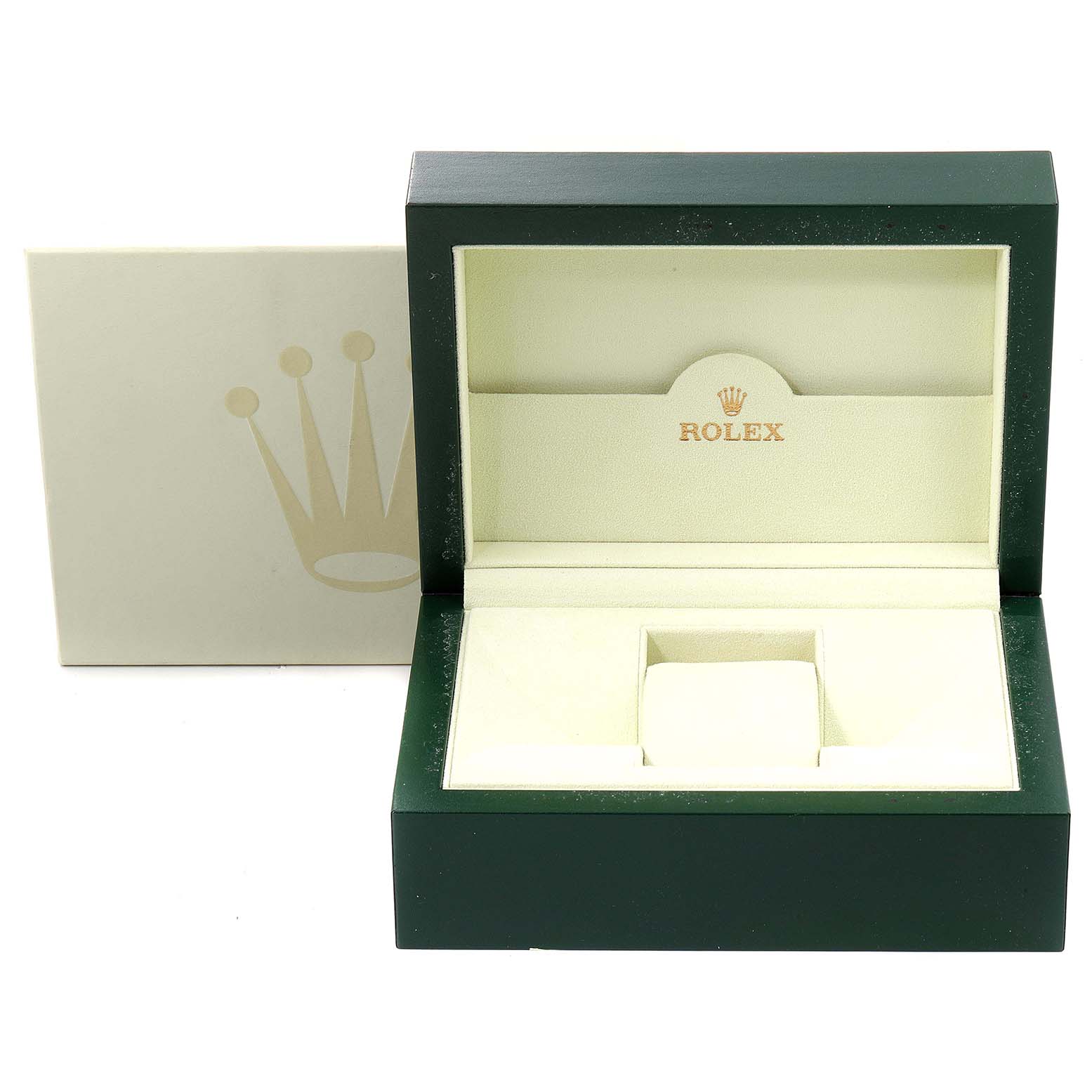 A Rolex Submariner 114060 Men
s Stainless Steel Black Dial 114060 Men
s Stainless Steel Black Dial watch box is shown, featuring green exterior and cream interior with the Rolex logo.