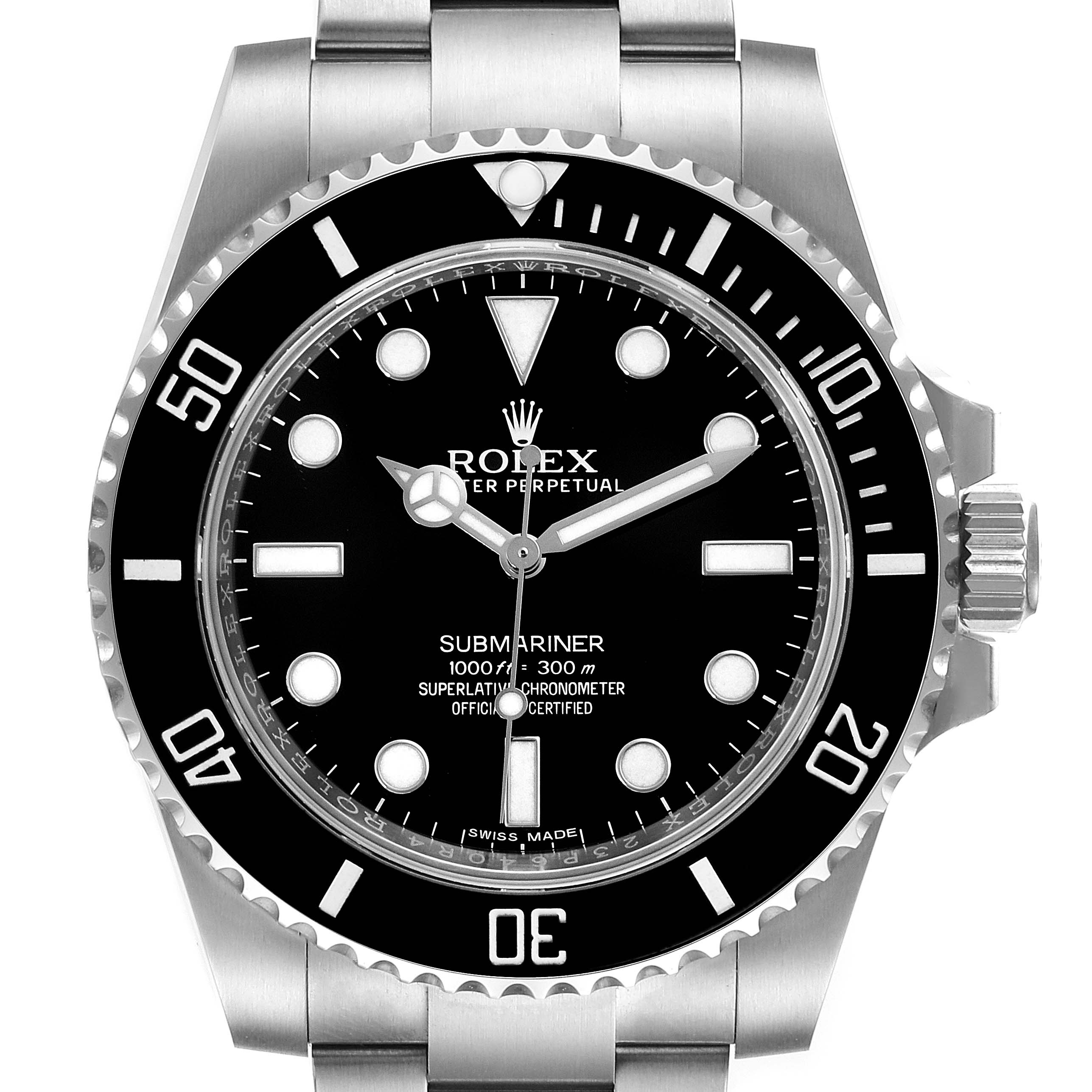 The image shows a front view of the Rolex Submariner 114060 Men
s Stainless Steel Black Dial 114060 Men
s Stainless Steel Black Dial watch, displaying the dial, bezel, crown, and a portion of the bracelet.