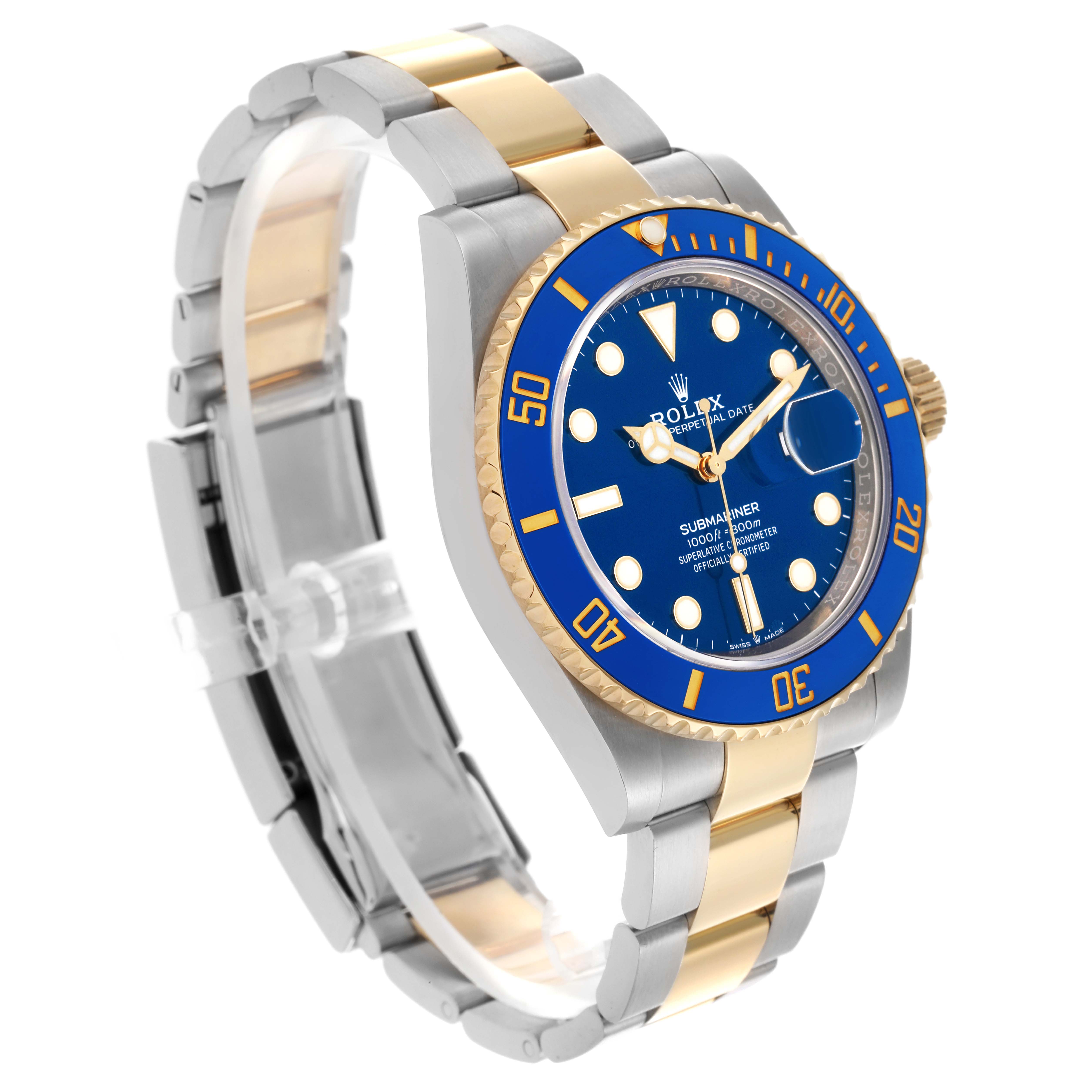 The Rolex Submariner 126613LB Men's Steel and Gold (two tone) Blue Dial 126613LB Men's Steel and Gold (two tone) Blue Dial watch is shown at a three-quarter angle, displaying the blue dial, bezel, case, crown, and two-tone bracelet.