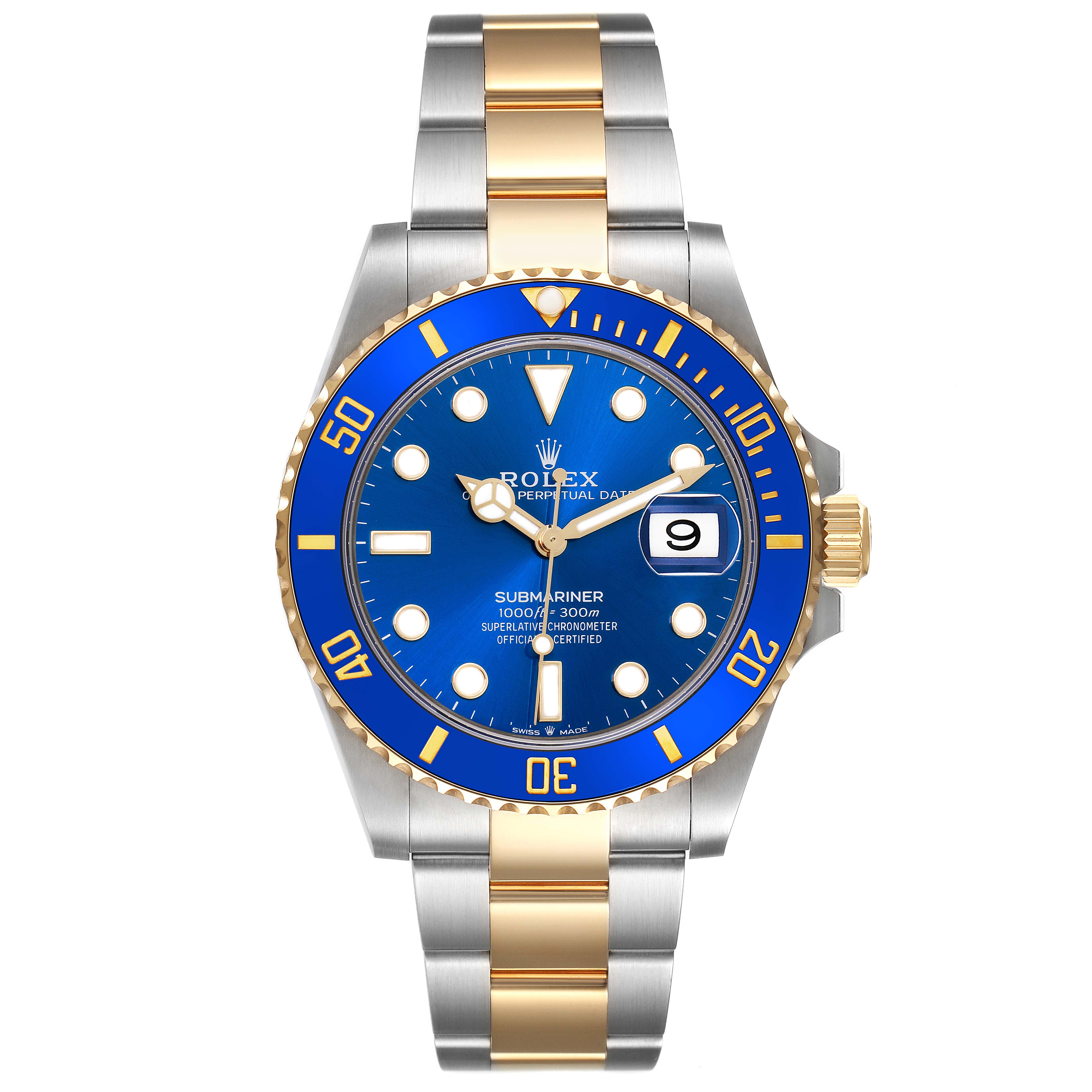 The Rolex Submariner 126613LB Men's Steel and Gold (two tone) Blue Dial 126613LB Men's Steel and Gold (two tone) Blue Dial watch is shown from a front angle, displaying its face, bezel, crown, and bracelet.