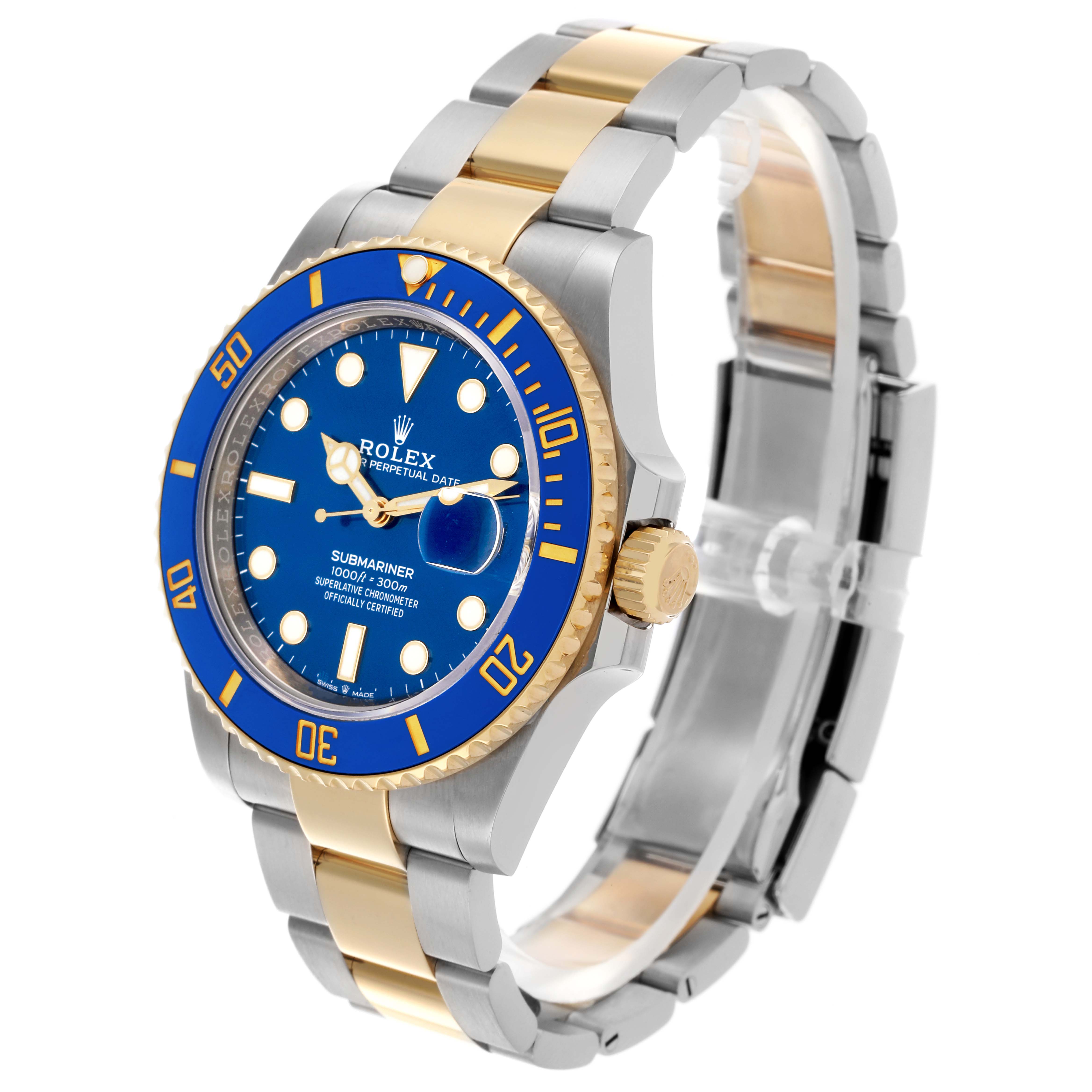 The Rolex Submariner 126613LB Men's Steel and Gold (two tone) Blue Dial 126613LB Men's Steel and Gold (two tone) Blue Dial watch is pictured at a three-quarter angle, showing the face, bezel, crown, and part of the bracelet.