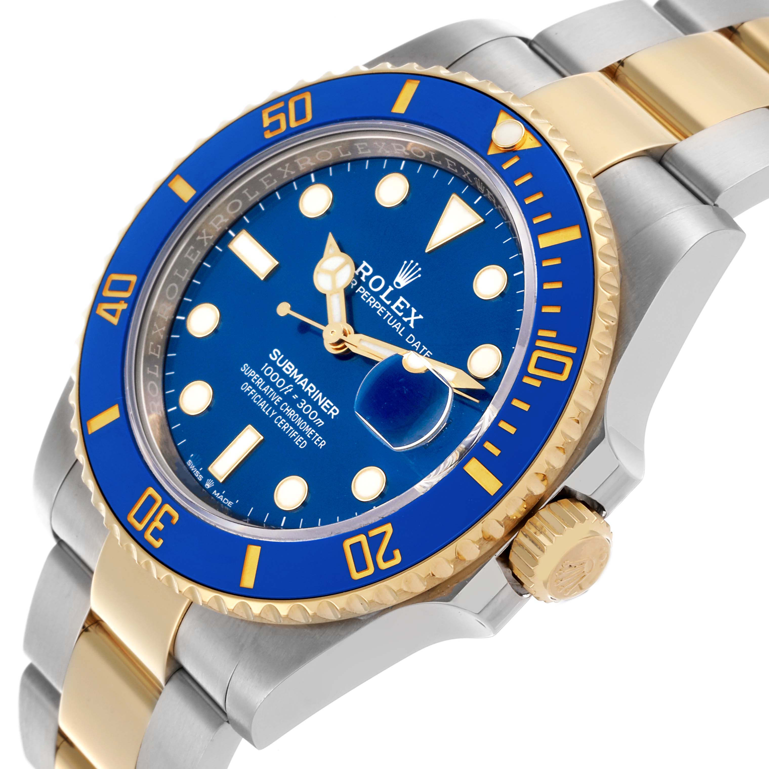 The Rolex Submariner 126613LB Men's Steel and Gold (two tone) Blue Dial 126613LB Men's Steel and Gold (two tone) Blue Dial watch is shown from a side angle highlighting the face, bezel, crown, and part of the bracelet.