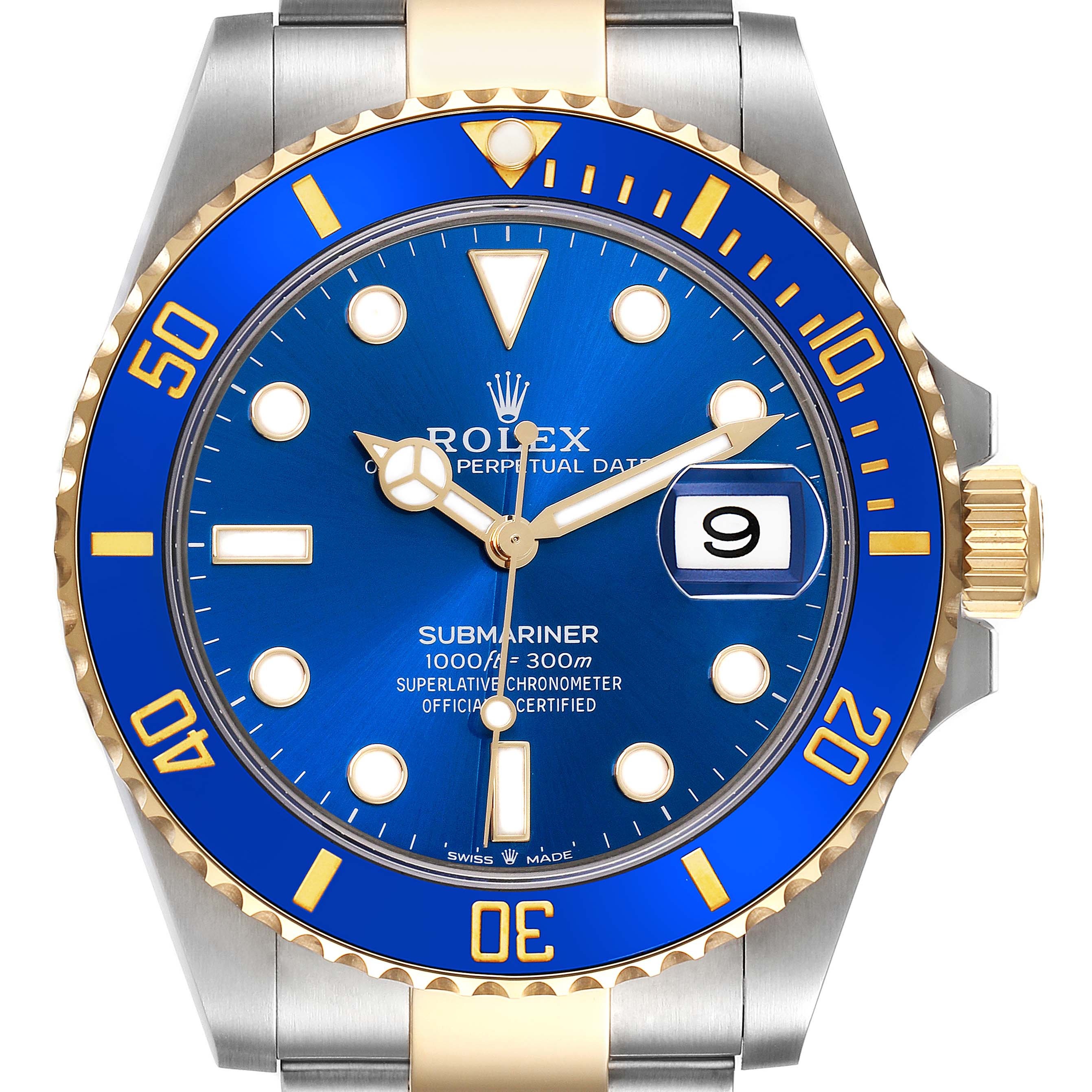 The image shows a front view of the Rolex Submariner 126613LB Men's Steel and Gold (two tone) Blue Dial 126613LB Men's Steel and Gold (two tone) Blue Dial watch, highlighting the blue dial, bezel, and gold accents.