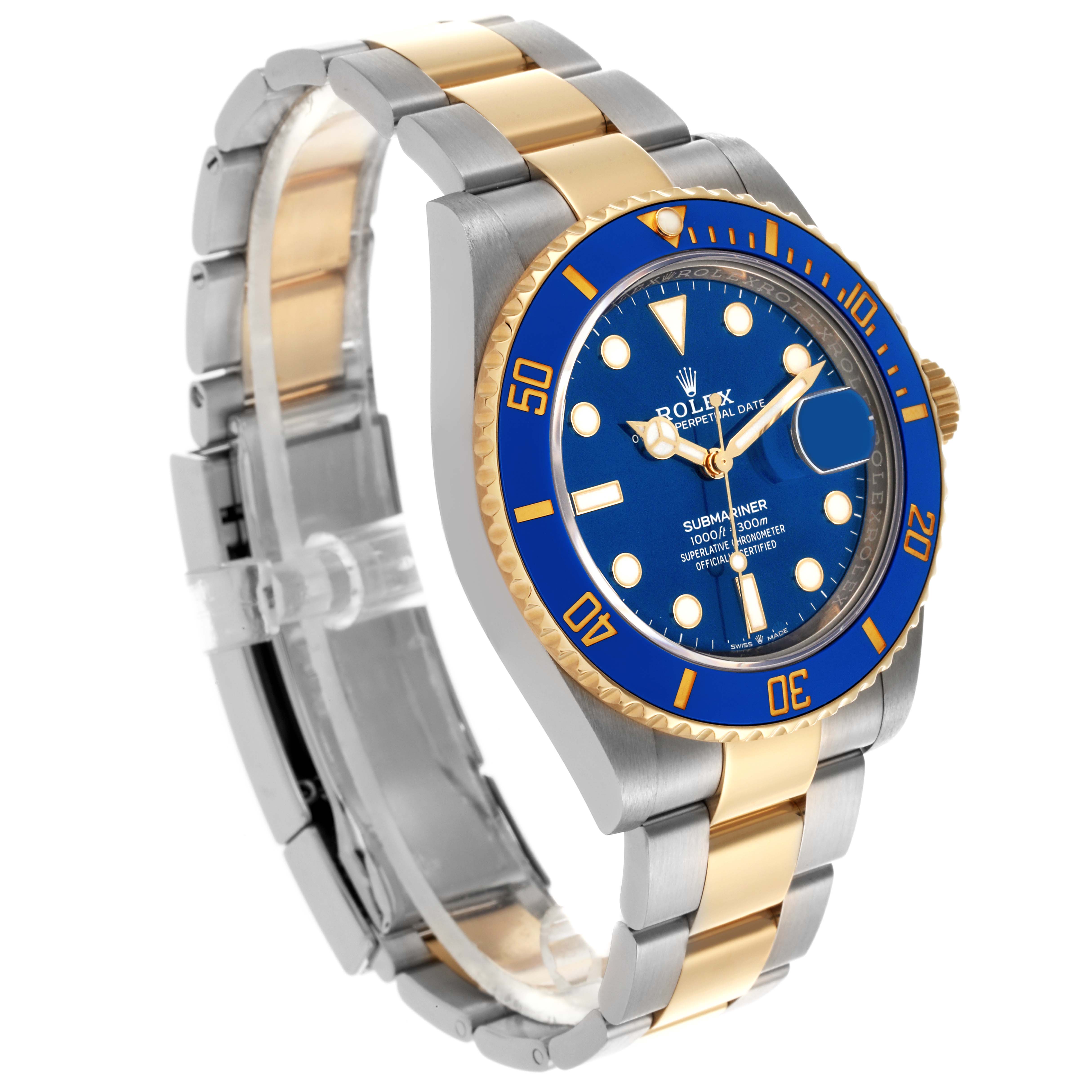 The Rolex Submariner 126613LB Men's Steel and Gold (two tone) Blue Dial 126613LB Men's Steel and Gold (two tone) Blue Dial is shown at a three-quarter angle, displaying the blue bezel, blue dial, and two-tone bracelet.