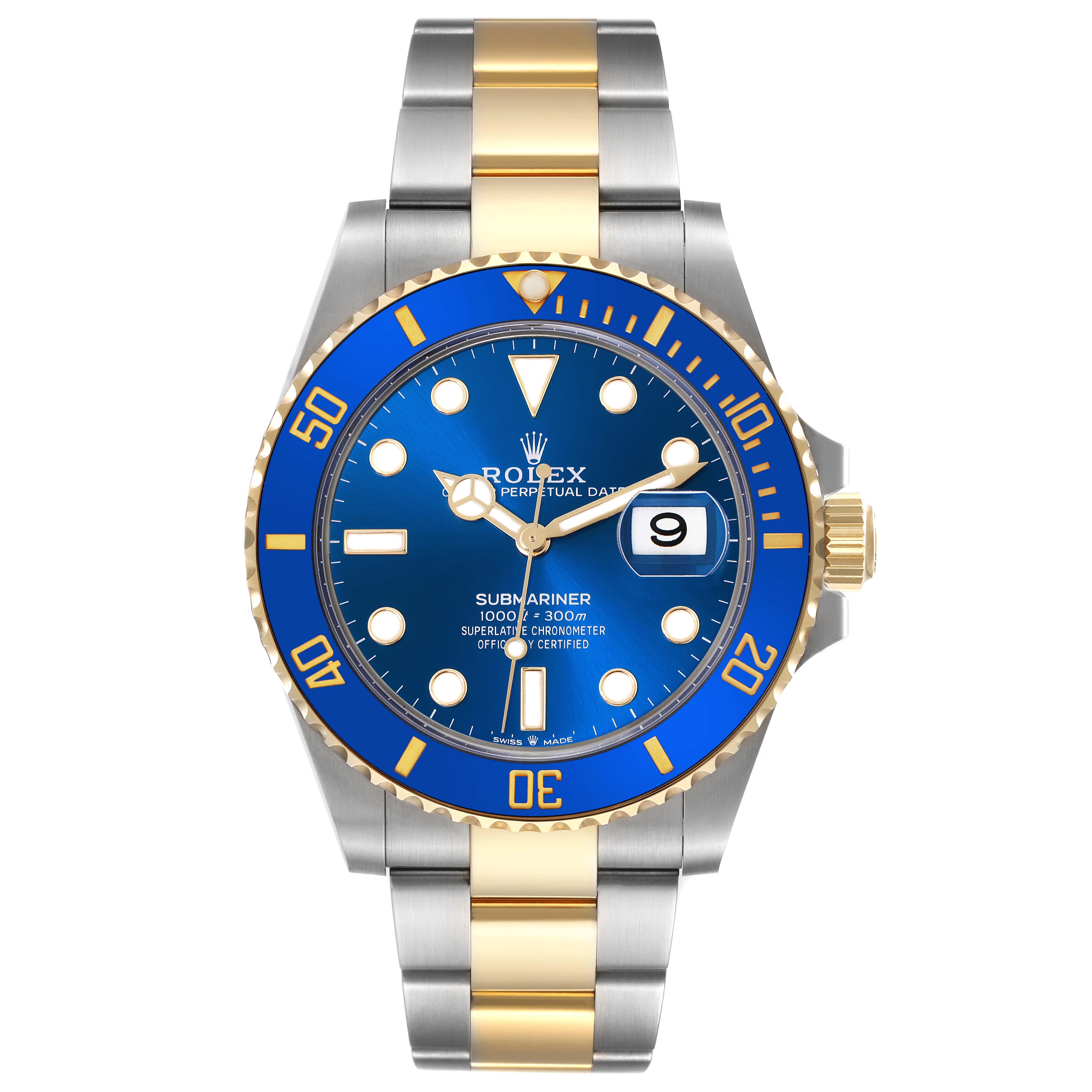 The Rolex Submariner 126613LB Men's Steel and Gold (two tone) Blue Dial 126613LB Men's Steel and Gold (two tone) Blue Dial watch is shown from a front view, highlighting its blue dial, bezel, and gold-and-silver bracelet.