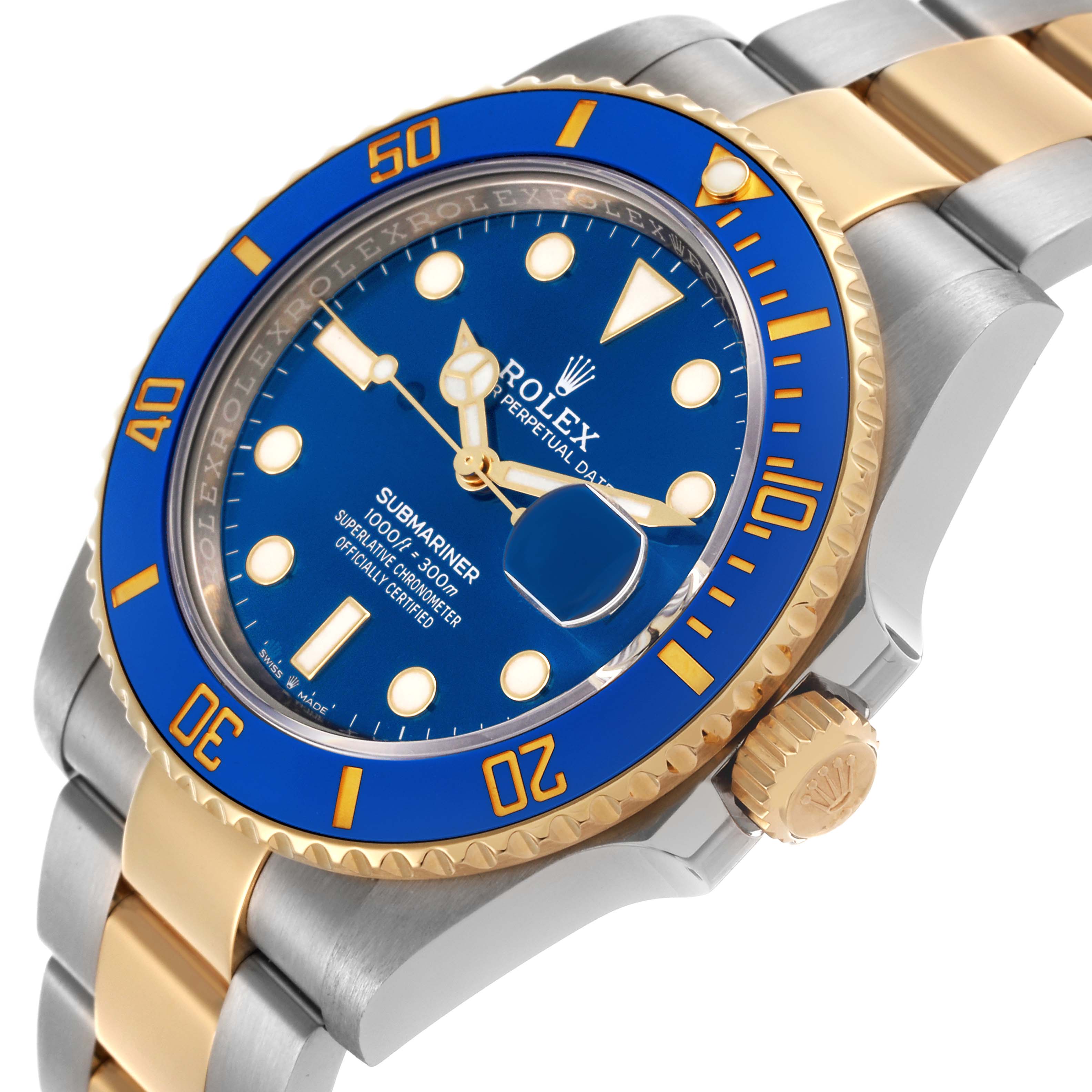The Rolex Submariner 126613LB Men's Steel and Gold (two tone) Blue Dial 126613LB Men's Steel and Gold (two tone) Blue Dial is shown from a three-quarter angle, highlighting the blue bezel, dial, crown, and two-tone bracelet.