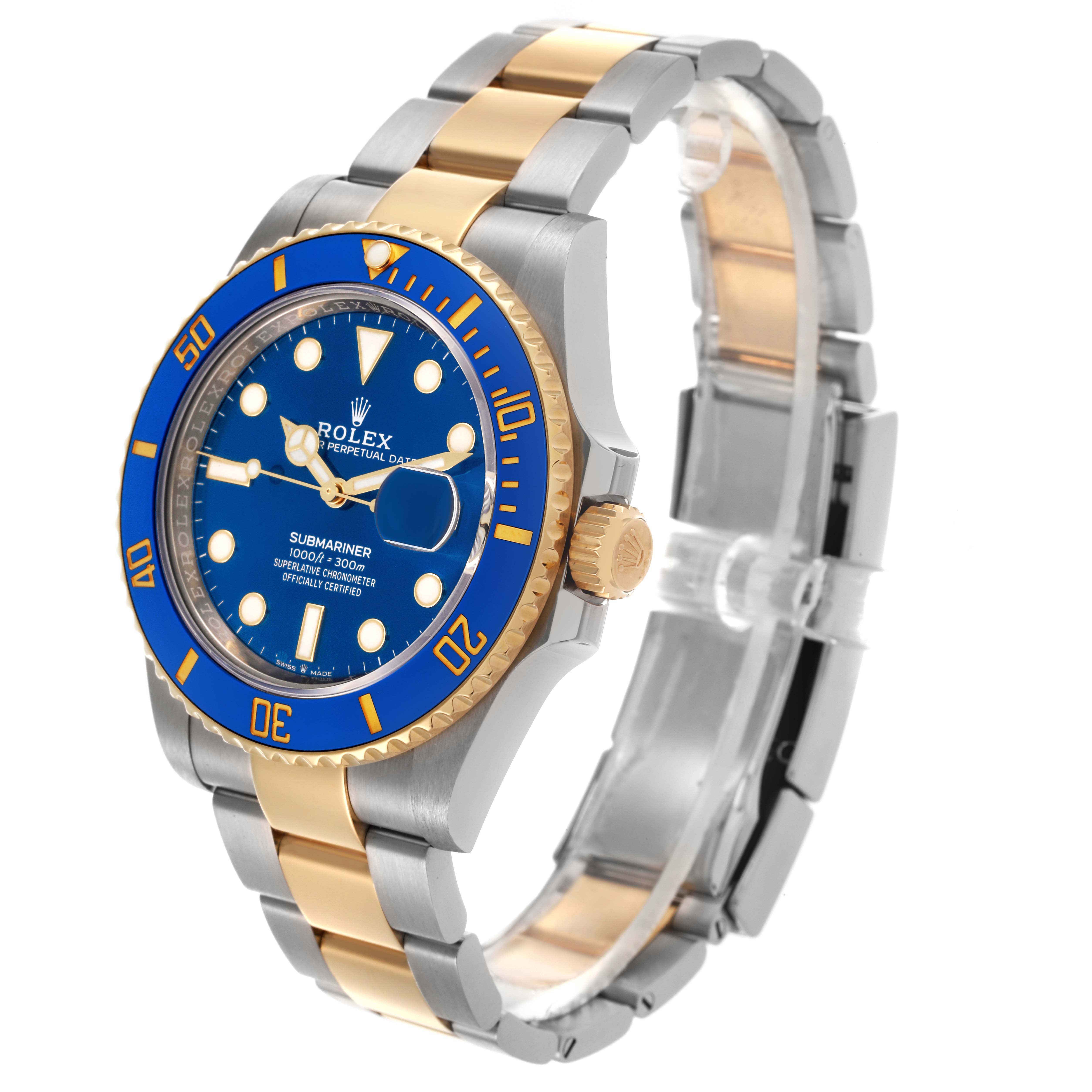 The Rolex Submariner 126613LB Men's Steel and Gold (two tone) Blue Dial 126613LB Men's Steel and Gold (two tone) Blue Dial is shown from a side angle, displaying the blue dial, bezel, crown, and two-tone bracelet.