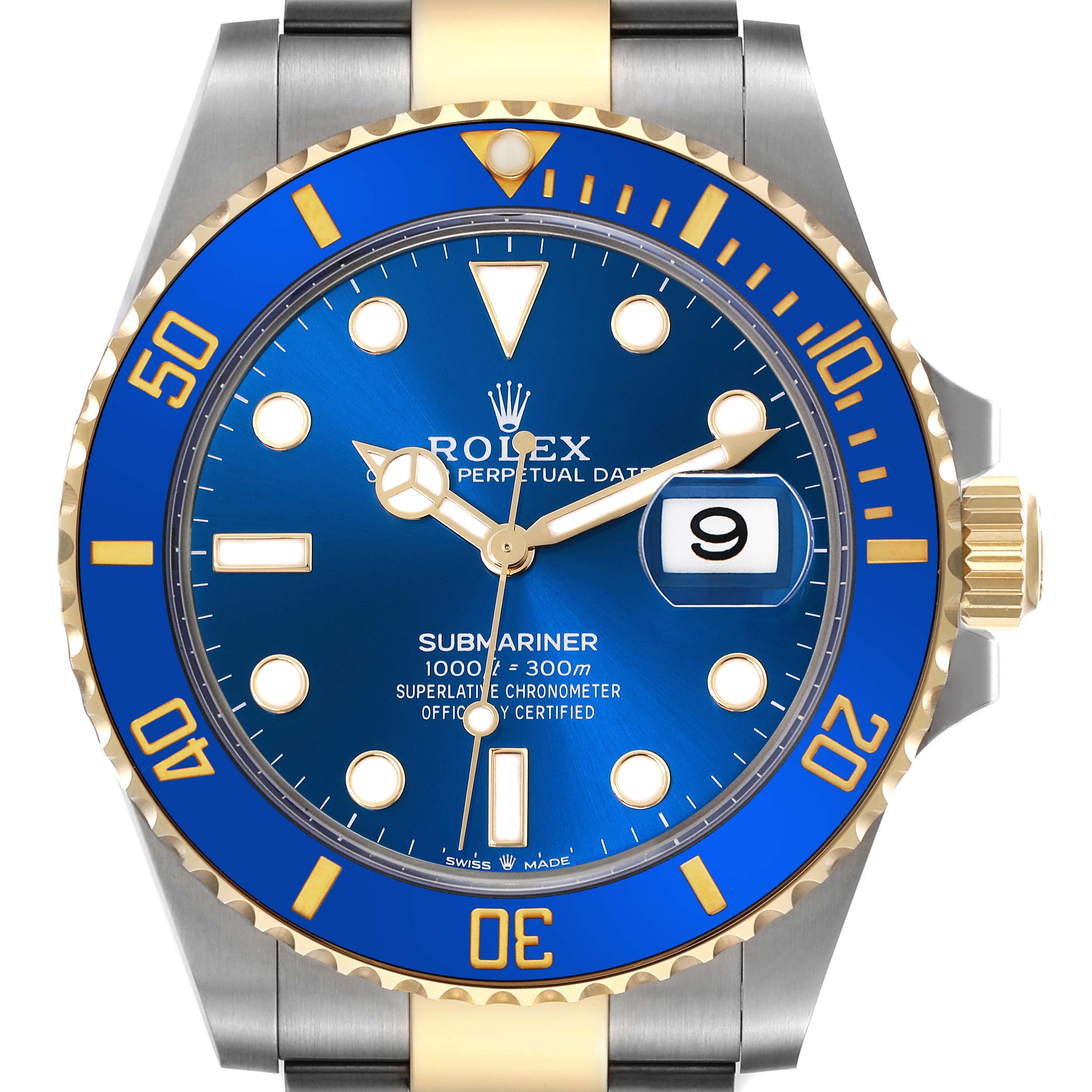 The Rolex Submariner 126613LB Men's Steel and Gold (two tone) Blue Dial 126613LB Men's Steel and Gold (two tone) Blue Dial watch is shown from a top-down angle, highlighting its blue dial and bezel, gold accents, and date feature.