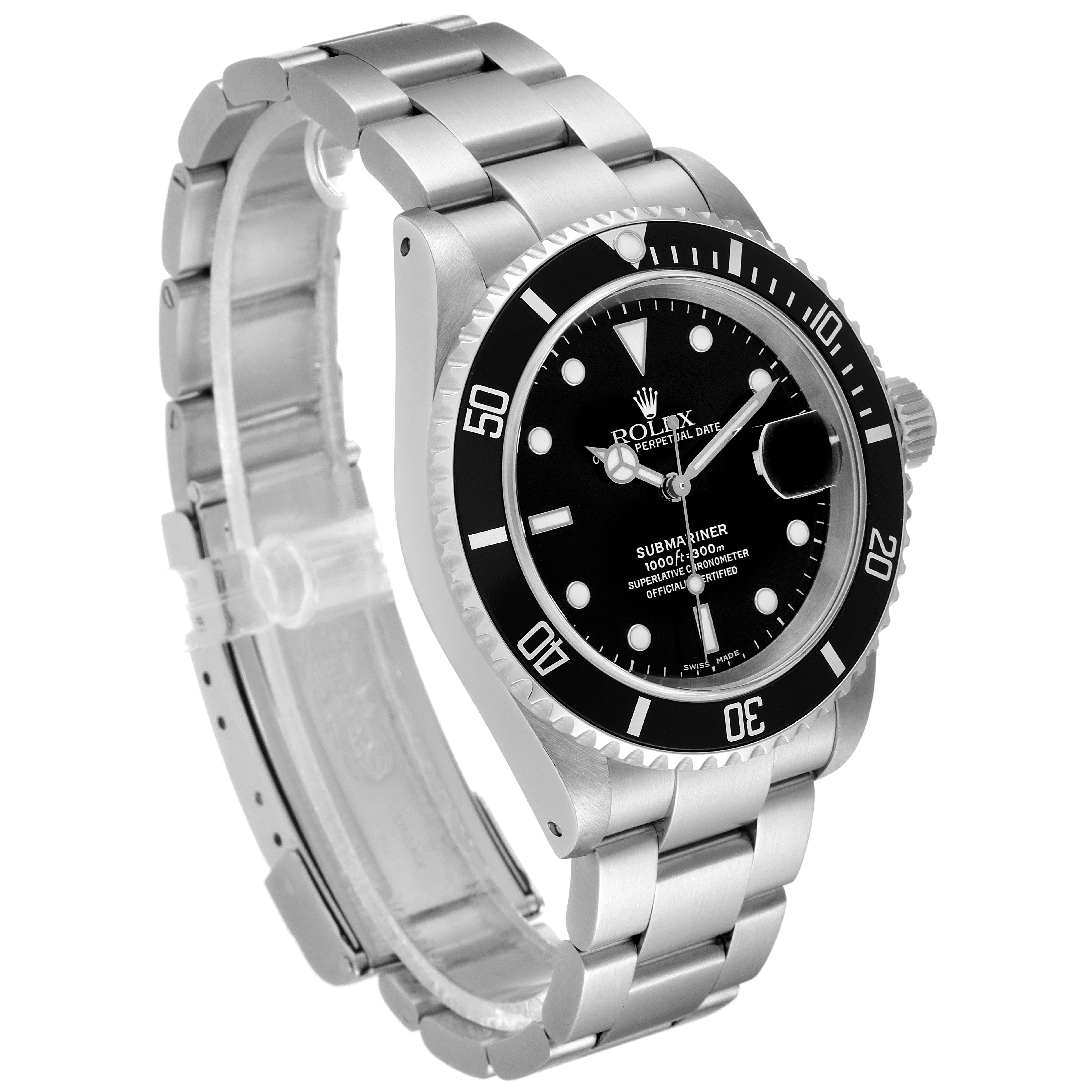 The Rolex Submariner 16610 Men's Stainless Steel Black Dial 16610 Men's Stainless Steel Black Dial watch is shown at a three-quarter angle, displaying the bezel, dial, bracelet, and crown.