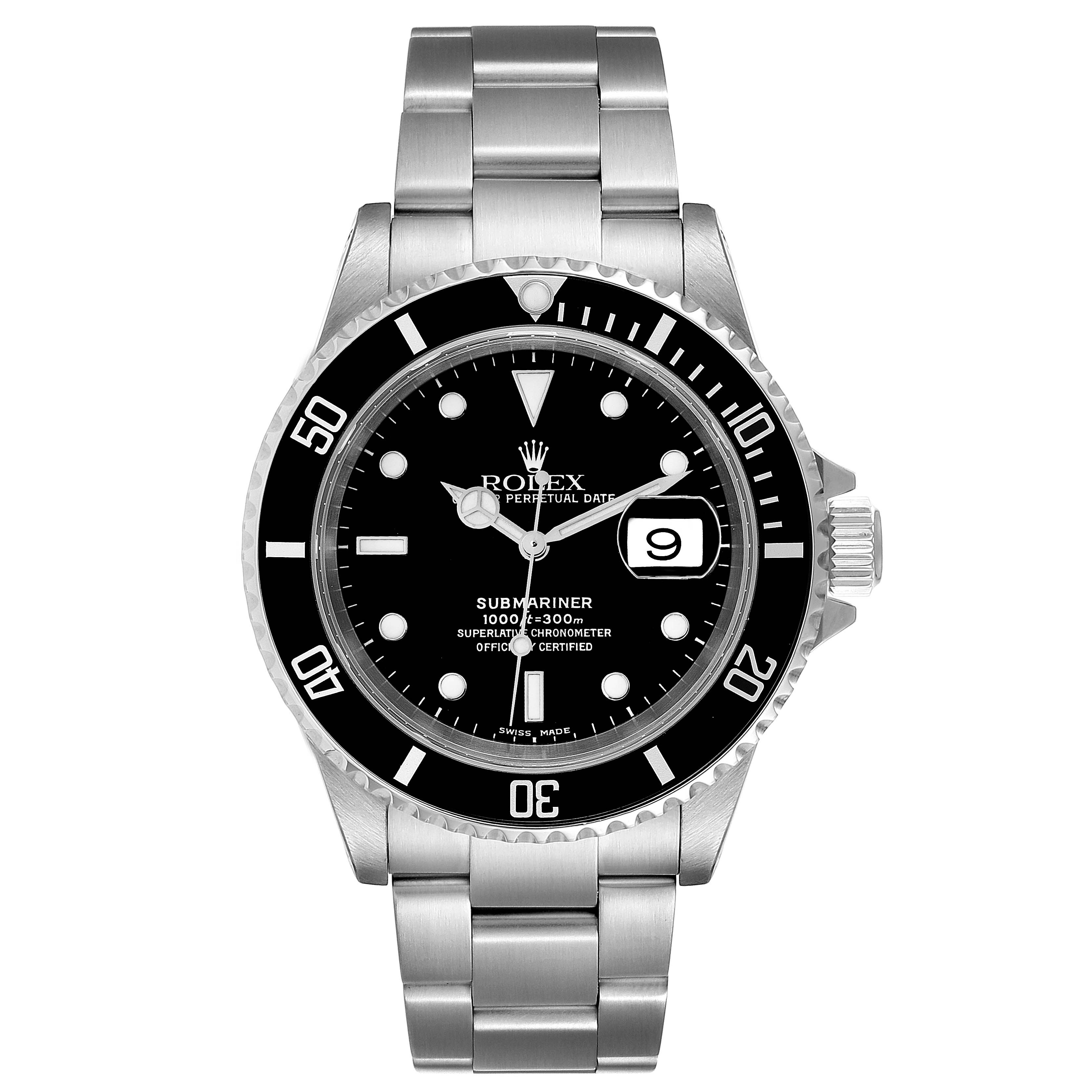 This image shows a front view of a Rolex Submariner 16610 Men's Stainless Steel Black Dial 16610 Men's Stainless Steel Black Dial watch with its bracelet, dial, bezel, and crown visible.