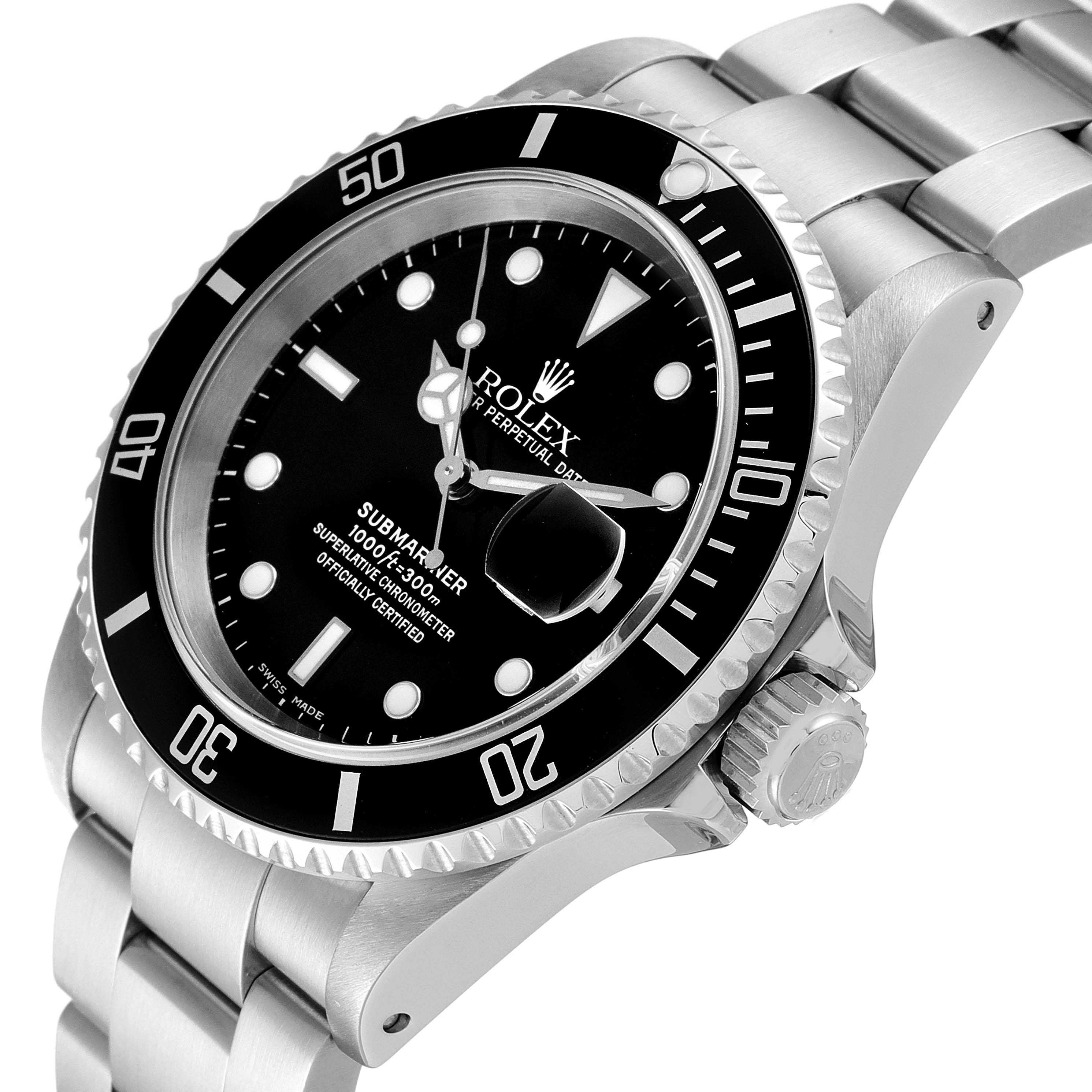 This image shows a Rolex Submariner 16610 Men's Stainless Steel Black Dial 16610 Men's Stainless Steel Black Dial watch at an angled close-up, highlighting the bezel, dial, crown, and part of the bracelet.