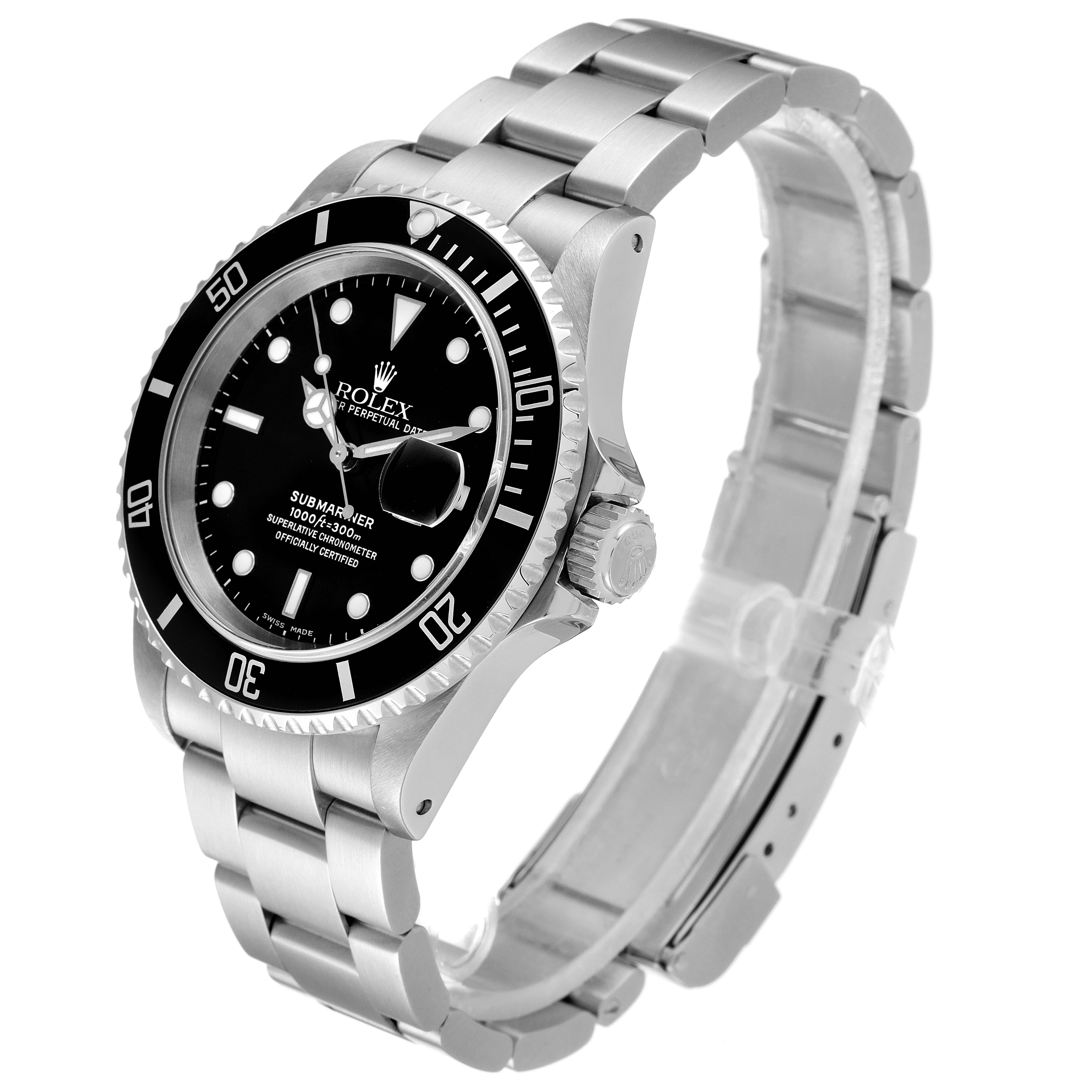 The image shows a Rolex Submariner 16610 Men's Stainless Steel Black Dial 16610 Men's Stainless Steel Black Dial watch at an angled side view, highlighting the bezel, face, crown, and metal bracelet.