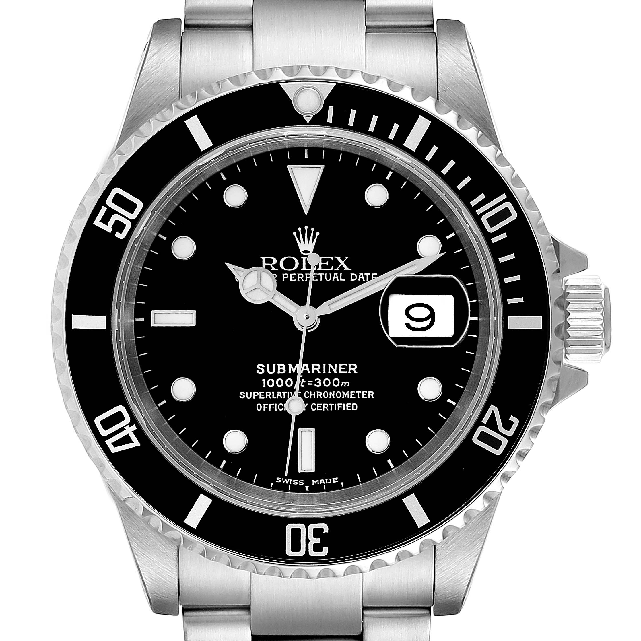 The image shows a front view of the Rolex Submariner 16610 Men's Stainless Steel Black Dial 16610 Men's Stainless Steel Black Dial watch's face and part of its stainless steel bracelet.